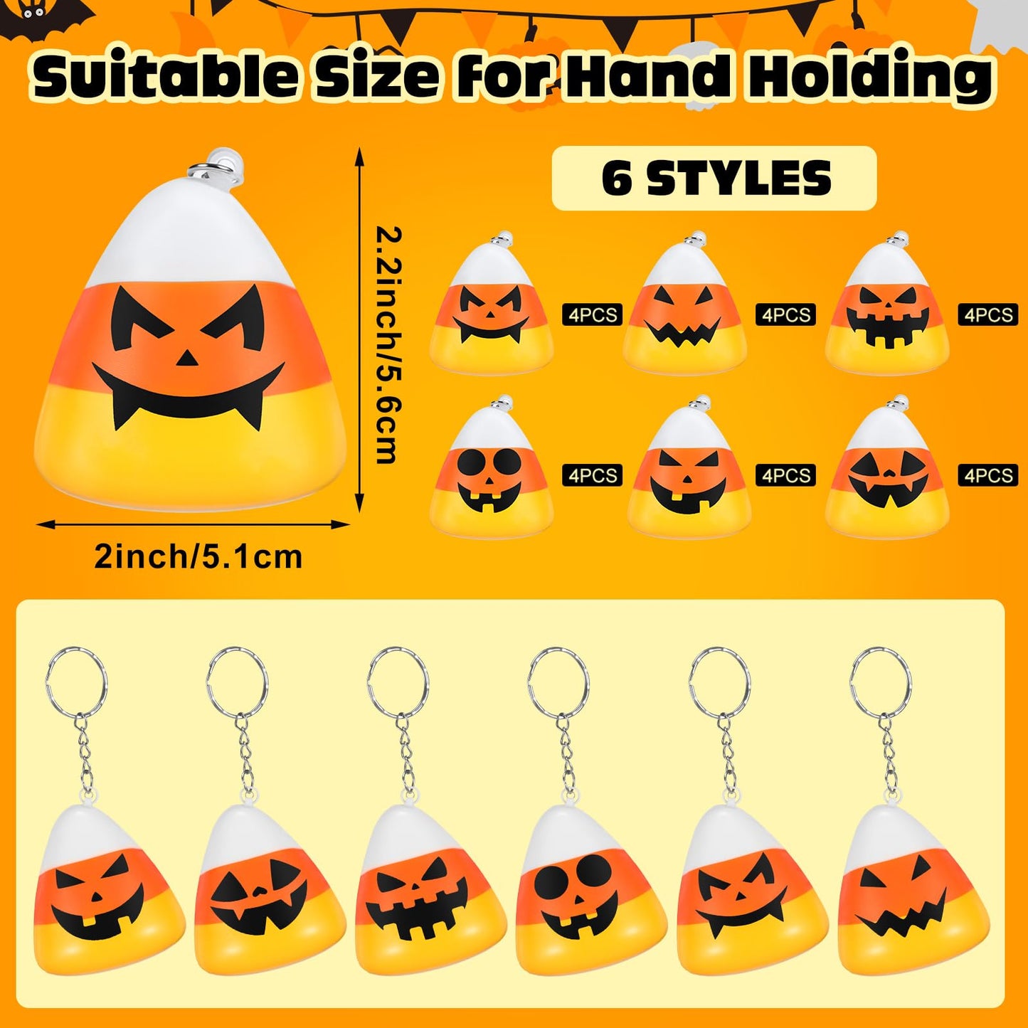 Huquary 24 Pcs Candy Corn Stress Balls Keychains 2.2 Inch Thanksgiving Party Favors Candy Corn Squeeze Balls Stress Relief Goodie Bag Filler for Fall Thanksgiving Christmas Holiday Prizes