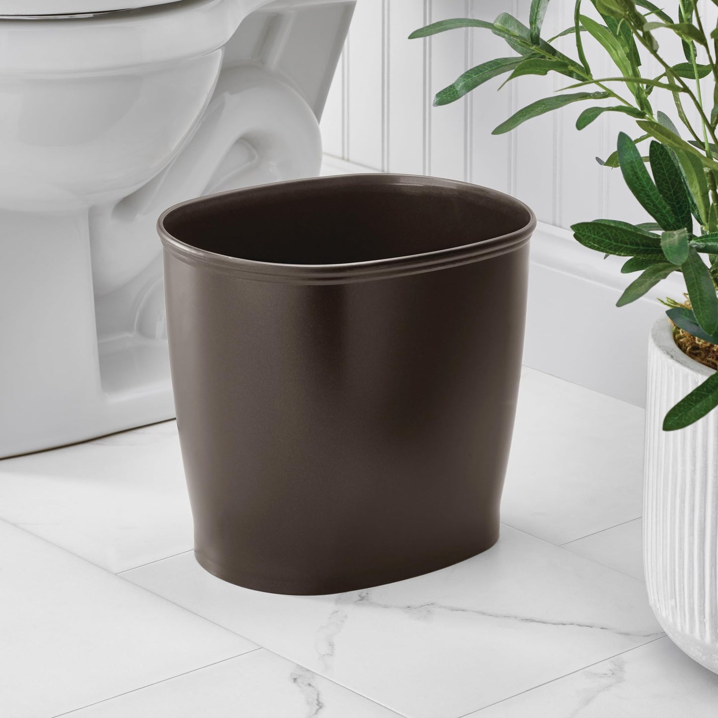 iDesign Slim Plastic Bathroom Trash Can, Small Garbage Bin for Bedroom, Office, Desk, Dorm, Bronze