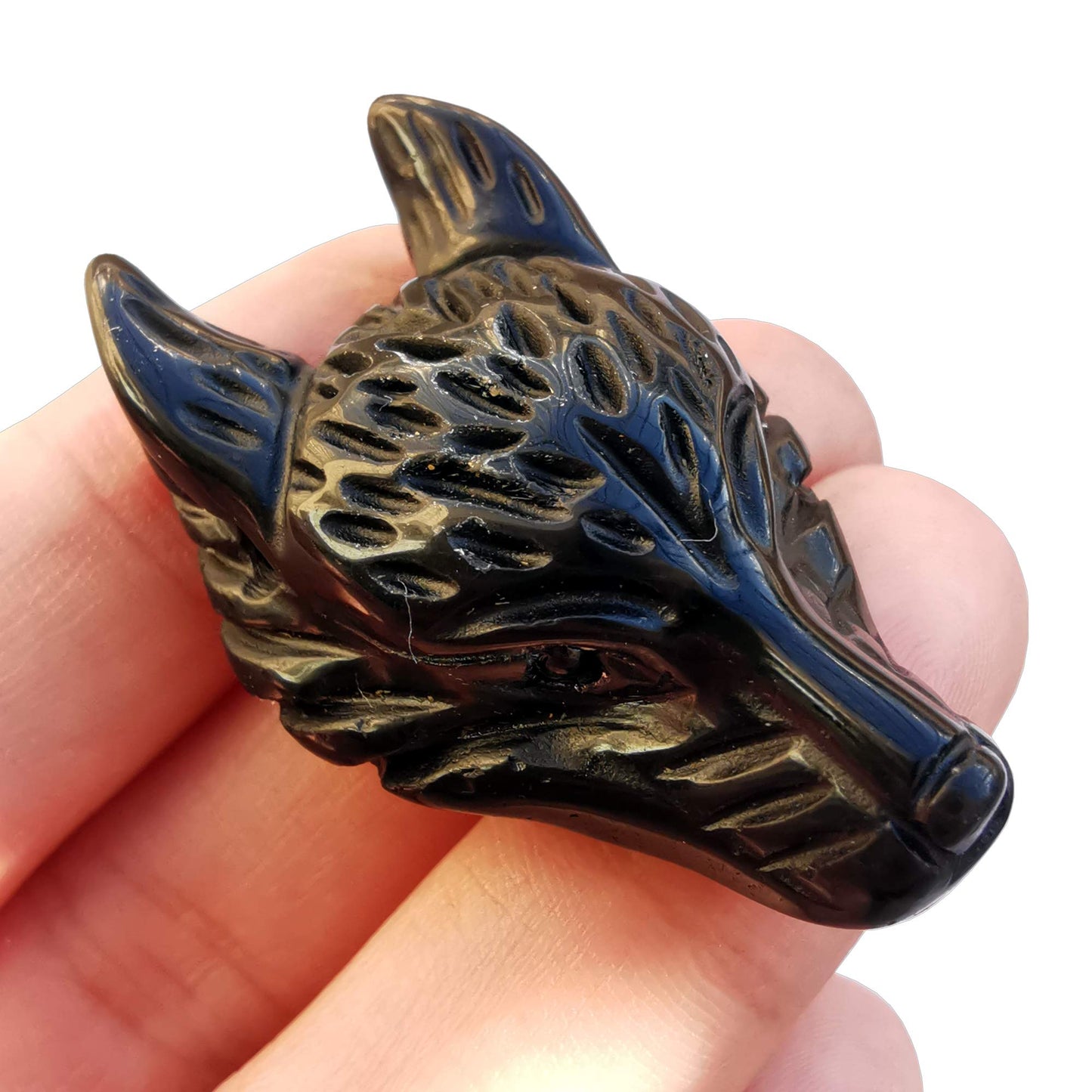 Bacatgem Natural Black Obsidian 1.57 inchs Wolf Head Pocket Crystals and Healing Stone Figurine,Haped DIY-Jewelry Pendant