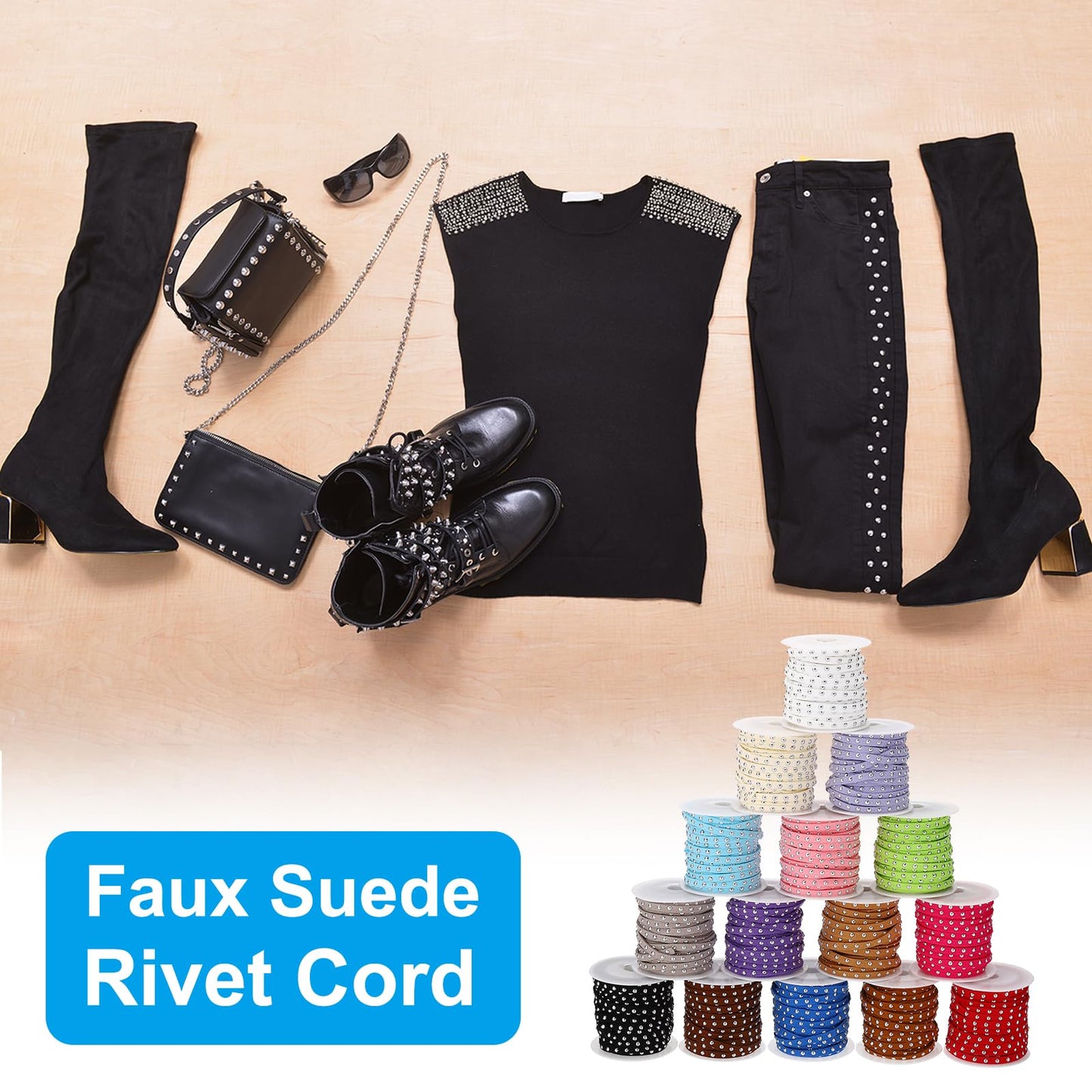 PATIKIL 65.6ft Studded Faux Suede Cord Rope for Jewelry Making, 5mm Micro Fibre Flat Leather Lace Beading String Ribbon with Rivets, Black Silver