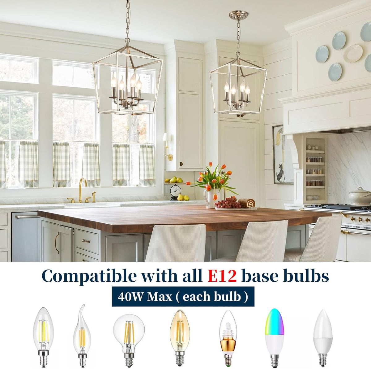 4-Light Brushed Nickel Farmhouse Chandelier, 12" Industrial Ceiling Light Lantern Pendant Light with Metal Cage Adjustable Height Rustic Hanging Light E12 Base for Kitchen Island Dining Room Entryway