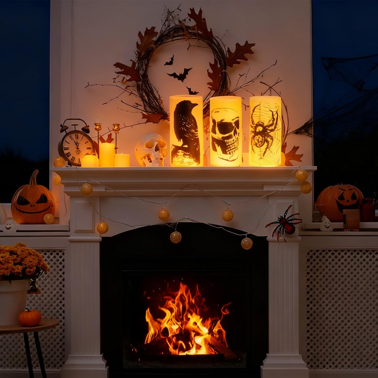Hbaushun Halloween Flameless Candles LED Flickering Candles with Skull, Crow, Spider Web Decals,Battery Operated with 6 Hour Timer Halloween Decorations Horror Themed Candles(3 Pack, D3 x H6)