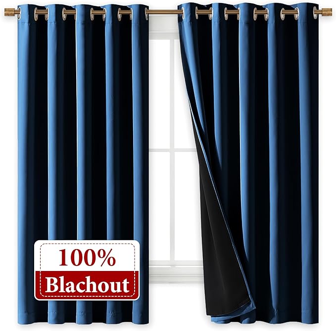 NICETOWN 100% Blackout Curtains with Black Liners, Thermal Insulated Full Blackout 2-Layer Lined Drapes, Energy Efficiency Window Draperies for Bedroom (Moroccan Blue, 2 Panels, 70" W by 63" L)