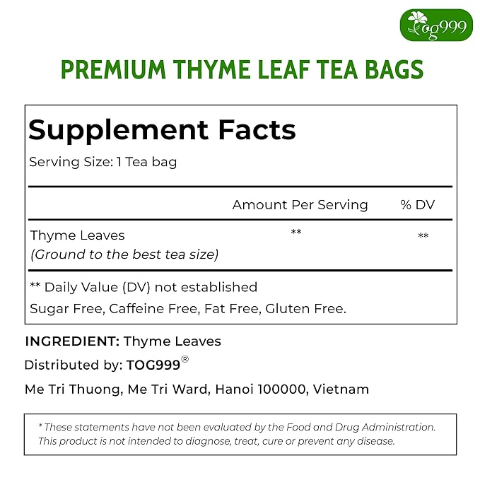 TOG999, Premium 40 Thyme Leaf Tea Bags, 100% Natural & Pure, Loose Leaf Herbal Tea. Thyme Leaf Tea. No Sugar, No Caffeine, No Gluten, Vegan.