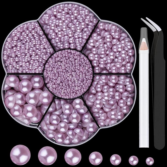 Nail Art Flat Back Half Round Pearl Kits 23, 1 Box of 6000 Pcs Flat-Back Light Purple Pearl with Tweezer and Picker Pencil for Home DIY Nails Body Face Craft and Salon Use