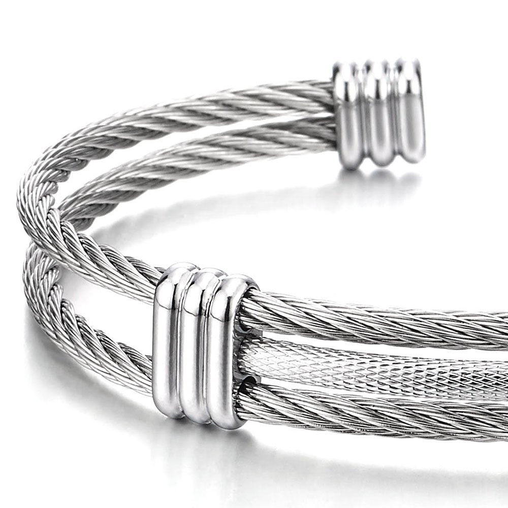 COOLSTEELANDBEYOND Men's Stainless Steel Cable Wire Cuff Bracelet With Twisted Rope Design, Minimalist Open Bangle, Adjutable, Two Strand Wrist Accessory