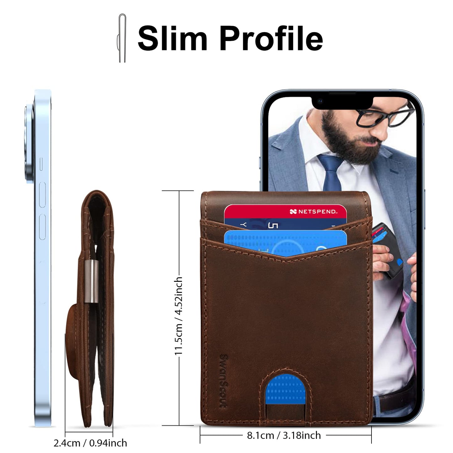 Wallet for Samsung Galaxy SmartTag & SmartTag+ Plus, Money Clip Version, RFID Blocking Genuine Leather Bifold Wallet with Gift Box (Not Include Tracker)