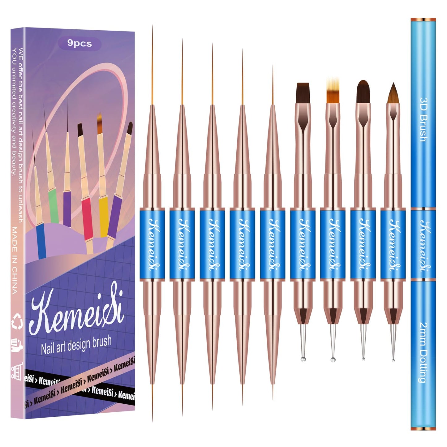 KEMEISI Nail Art Brush Set, 9PCS Double-Ended Acrylic Liner Brush Dotting Pen for Gel Polish, Nail Design Tools for Professional Manicure DIY Home Salon