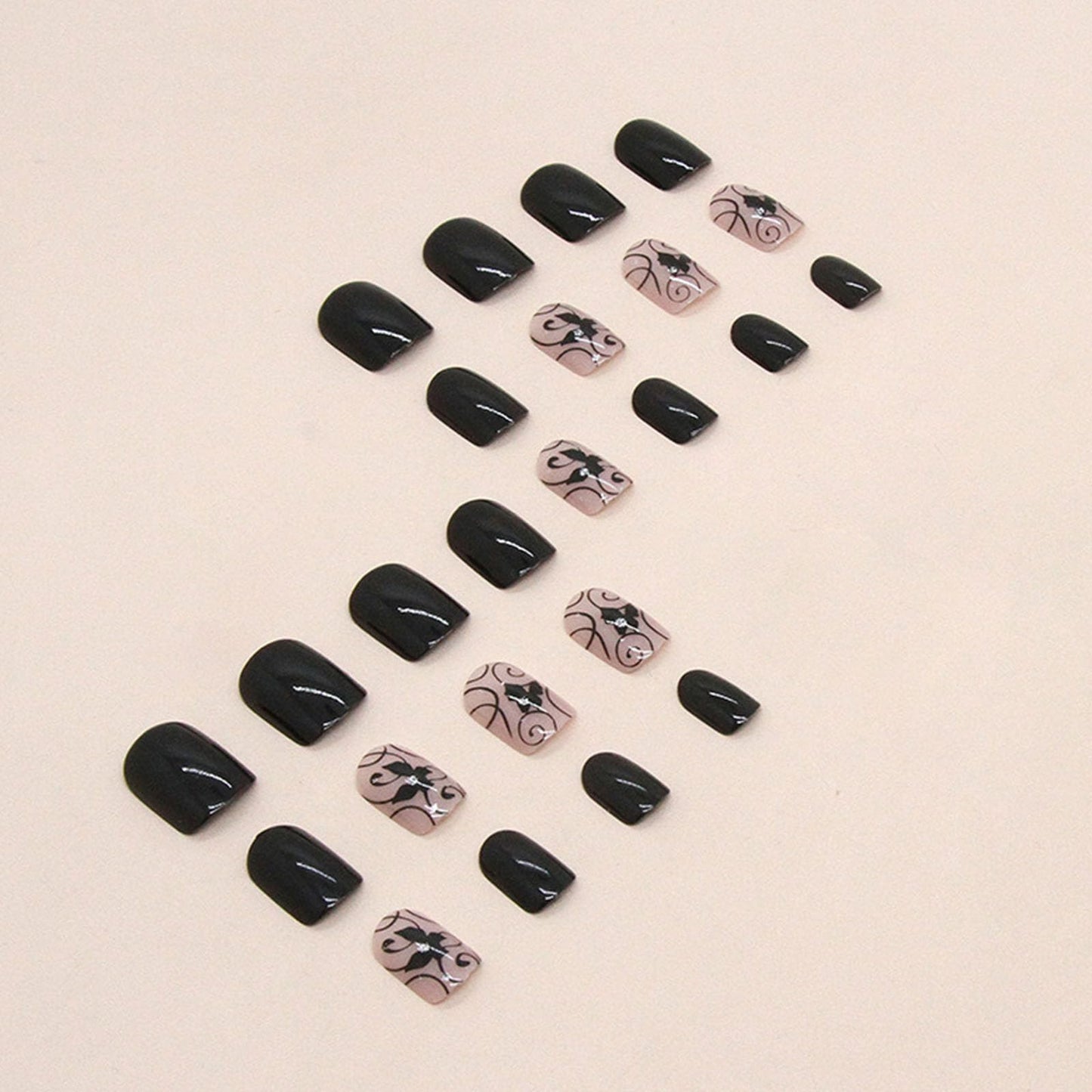 Acrylic Press On Nails - Short Square Fake Nails with Black Butterfly Designs - 24 Pcs Glossy Glue On Nails for Women