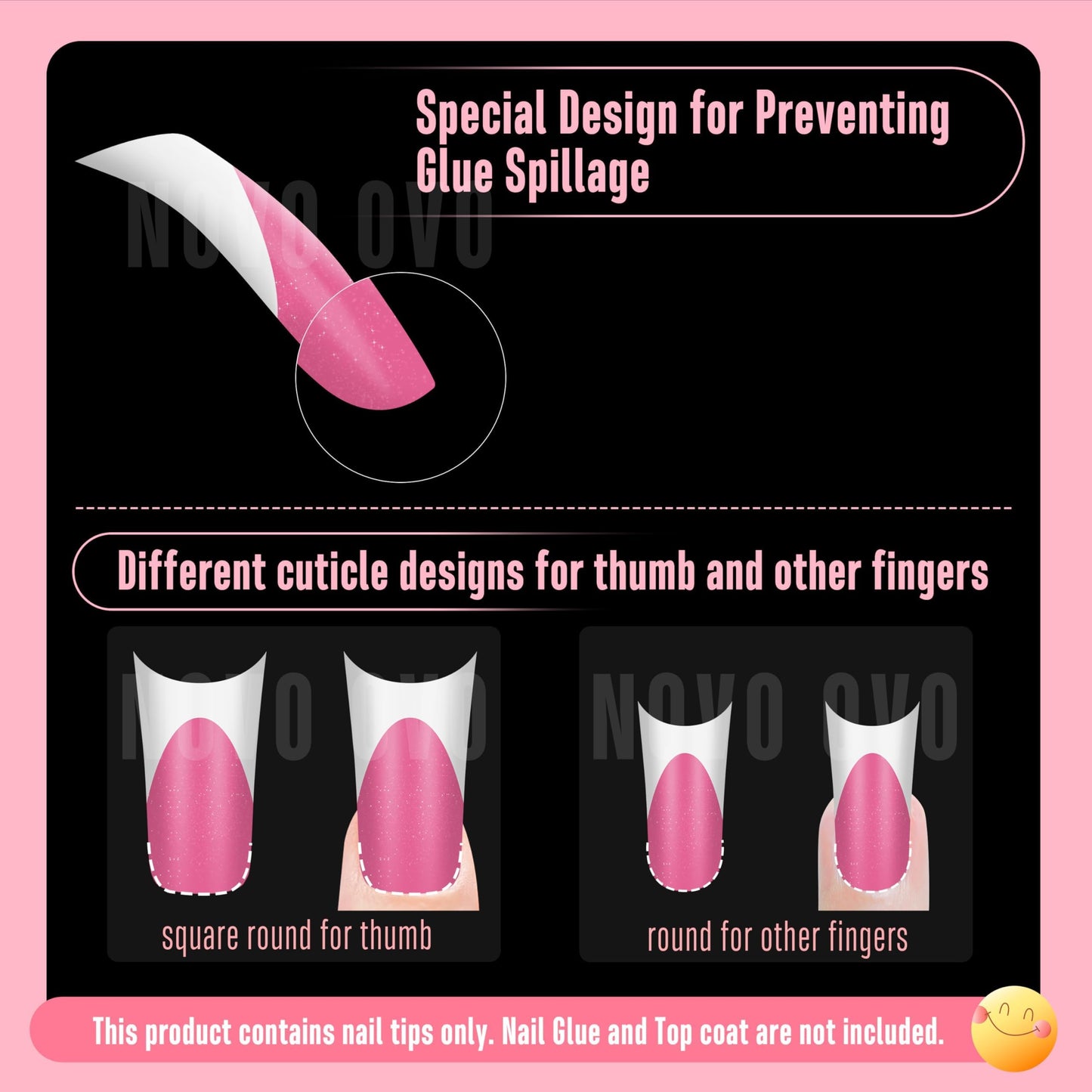 NOVO OVO Halloween Duck Nail White French Tips Press On ROSE PINK with Glitter, Full Cover Acrylic with Moon Curve, Medium Thick Pre-Etched Flare Wide Soft Gel False Nail Extension x 15 Sizes 150 pcs
