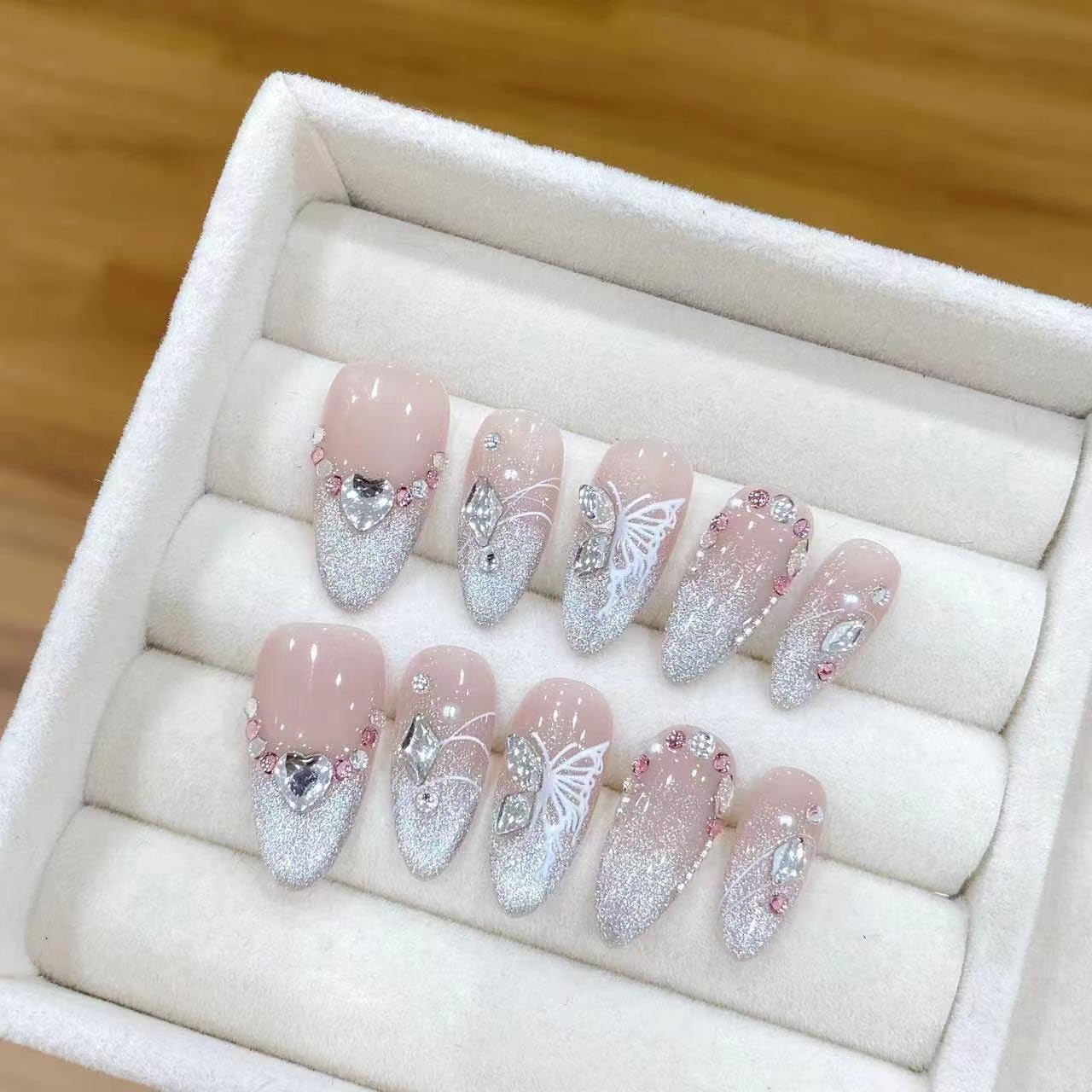 NLSJMP,Handmade Nails Press on,Luxury glitter rhinestone butterfly Design Nail Art Kit,Acrylic Fake Nails Kit,Reusable False nails,Include Toolkit,10pcs,Almond,Size M