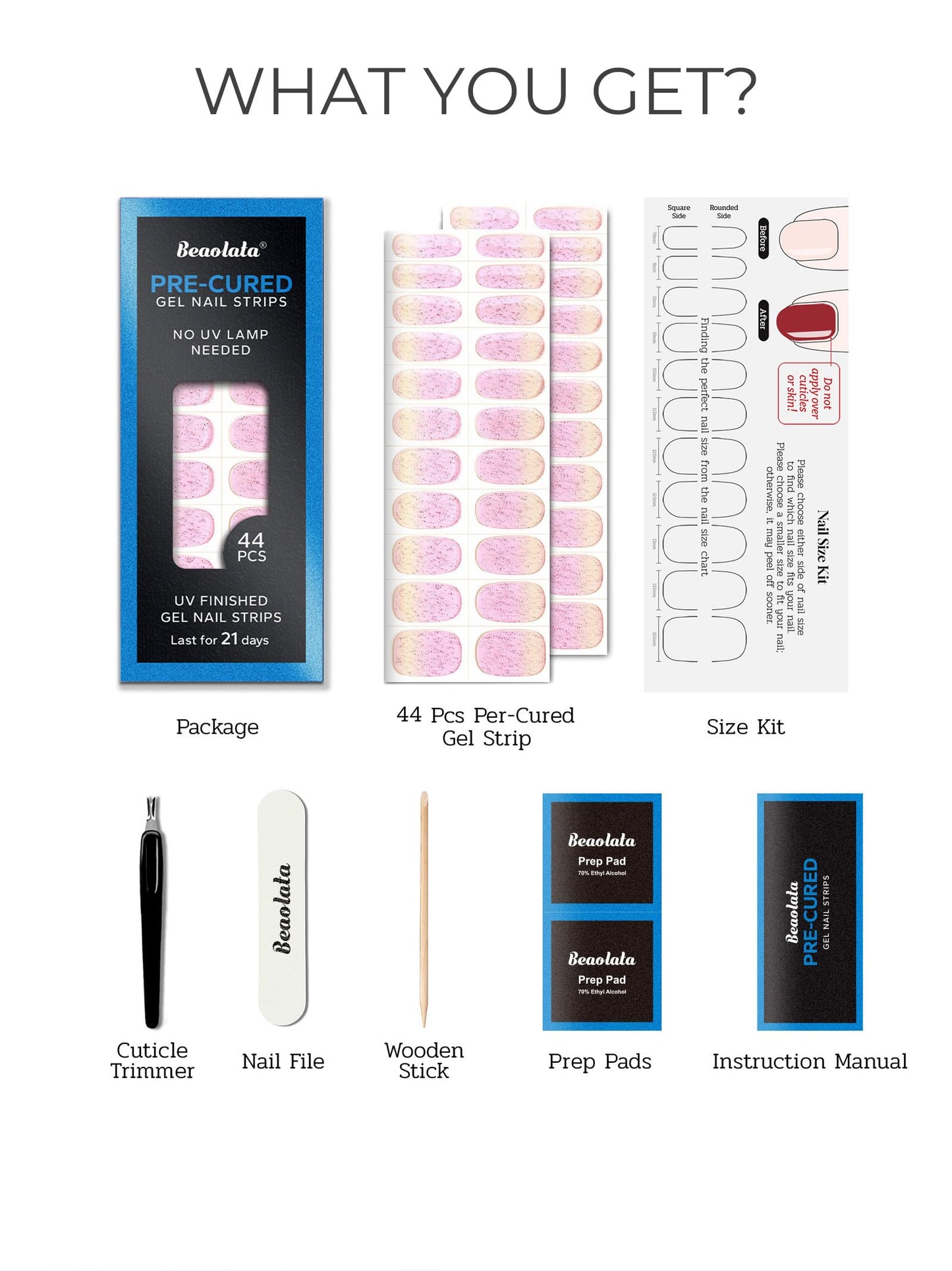 Beaolata Real Gel Nail Strips (No UV Light Needed) - 44Pcs Salon Quality Nail Stickers - Long Lasting Polish Wraps for Women, Easy Apply & Remove (PinkMuse)