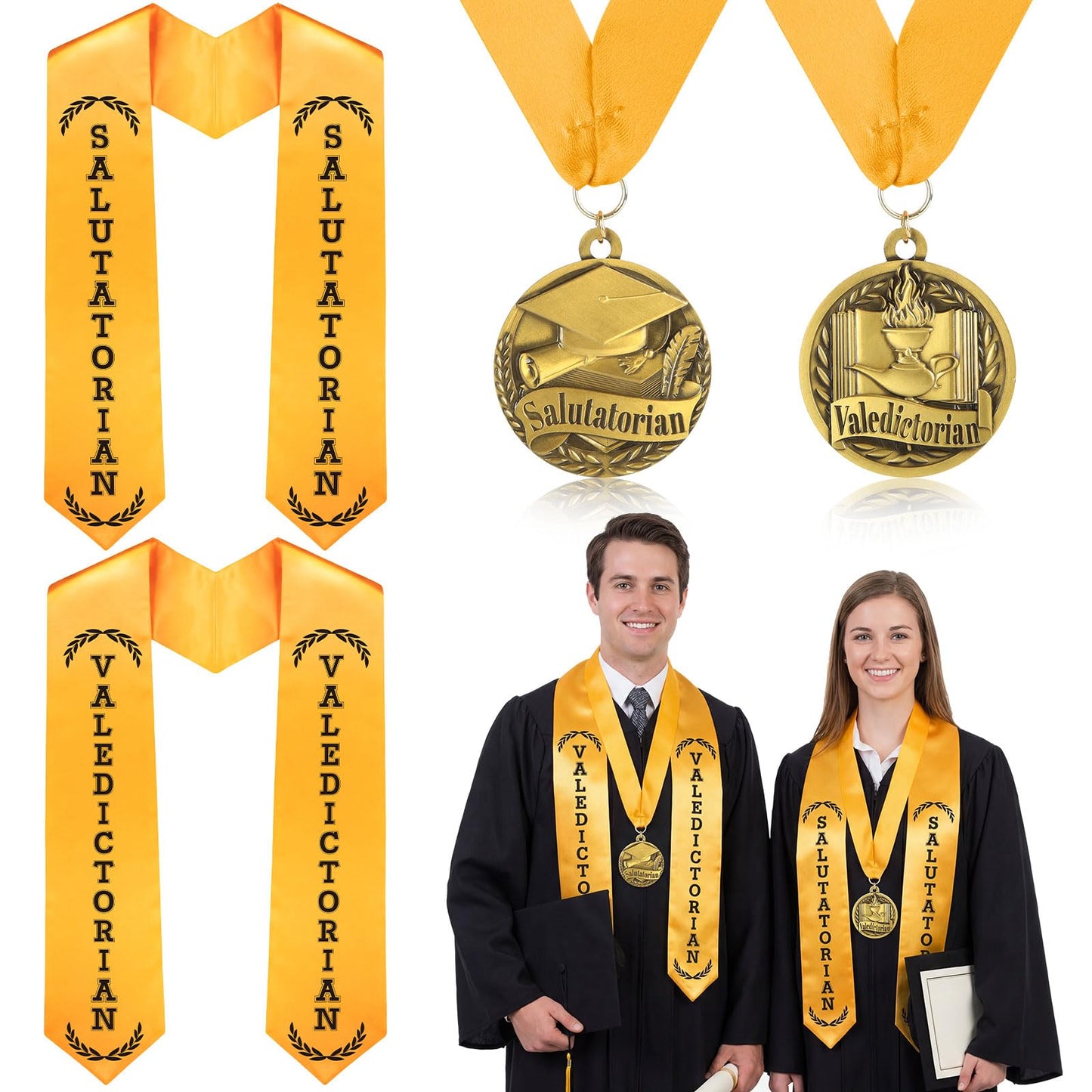 Funnysoft 4 Pack Graduation Stole Sash and Award Medal Set 2026 Valedictorian Salutatorian Graduation Stole and Award Medal with Gold Grossgrain Ribbon for Students