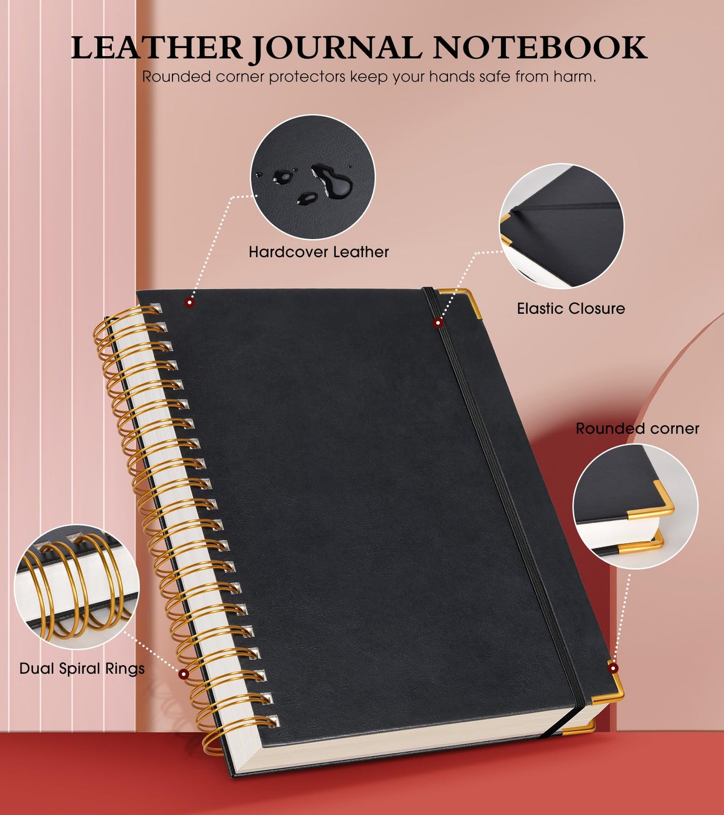 Spiral Notebook Journal 7.6” x 10”, 300 Pages Hardcover Leather Lined Journals for Women Men, B5 Large College Ruled Notebooks with 100 GSM Thick Paper, Spiral Journal for Writing Work School, Black