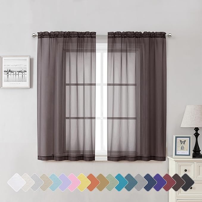 Lecloud Chocolate Sheer Curtains 54 Inch Length 2 Panels, Voile Curtains for Bedroom with Rod Pocket, Light Filtering Gauzy Window Treatments for Basement Bathroom, Each Panel 42 X 54 Inch