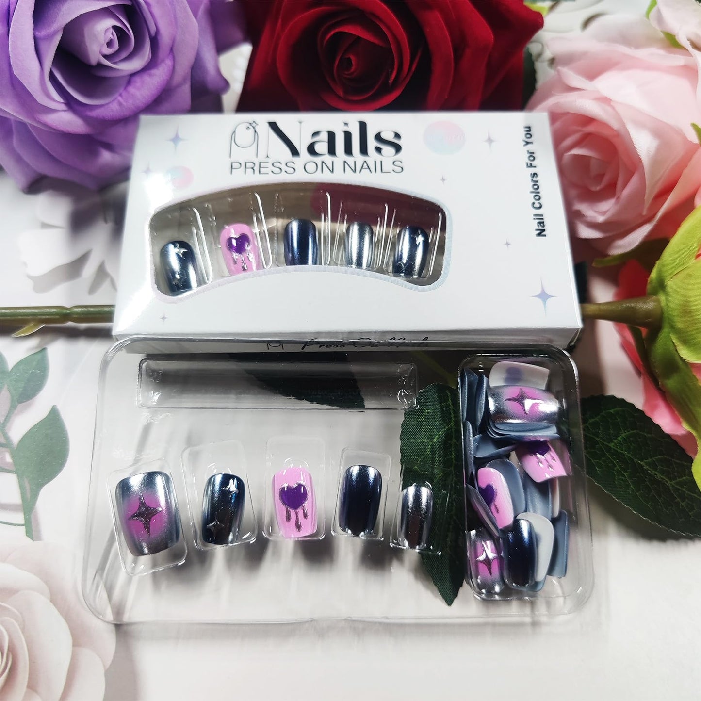 30Pcs Valentines Press on Nails Glossy Blue Aurora Powder Stick on Fingernails 3D Love Heart Acrylic Fake Nail Start Gel Glue on Nail Pink Gradient Short Square False Nails for Women Valentine's Gift