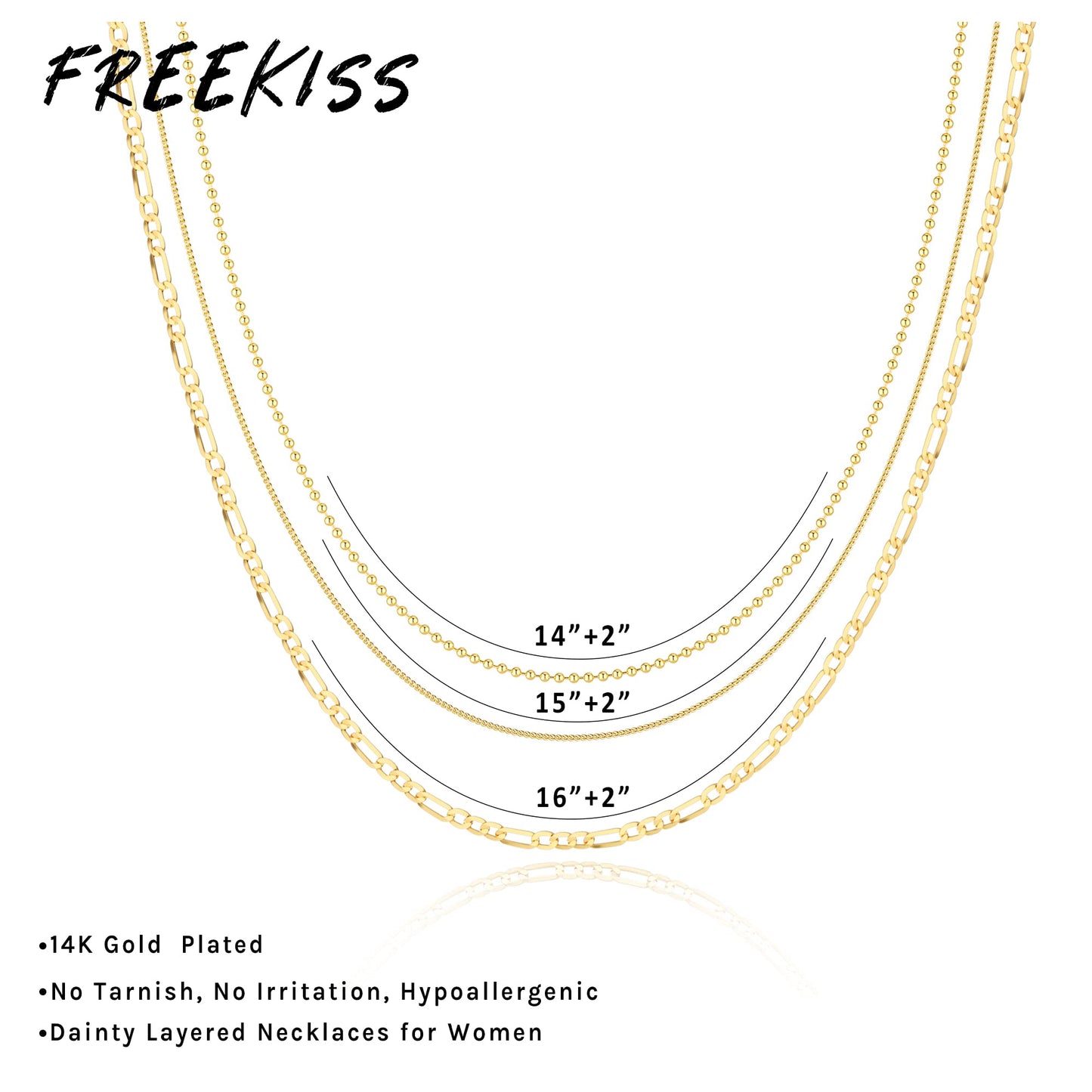 Freekiss Layered Gold Necklace for Women - 14K Gold Filled Herringbone, Stackable Cuban Figaro Beaded Link Chain, Dainty Gold Choker