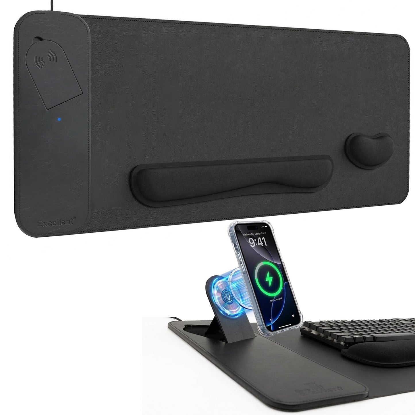 15W Fast Charging Desk Mouse Pad,View Angle Ergonomic Foldable Magnetic Phone Charger,35.4x15.7in PU Leather Large Wireless Charging Desk Mat with Keyboard & Mouse Wrist Rest for Gaming,Office,Mac