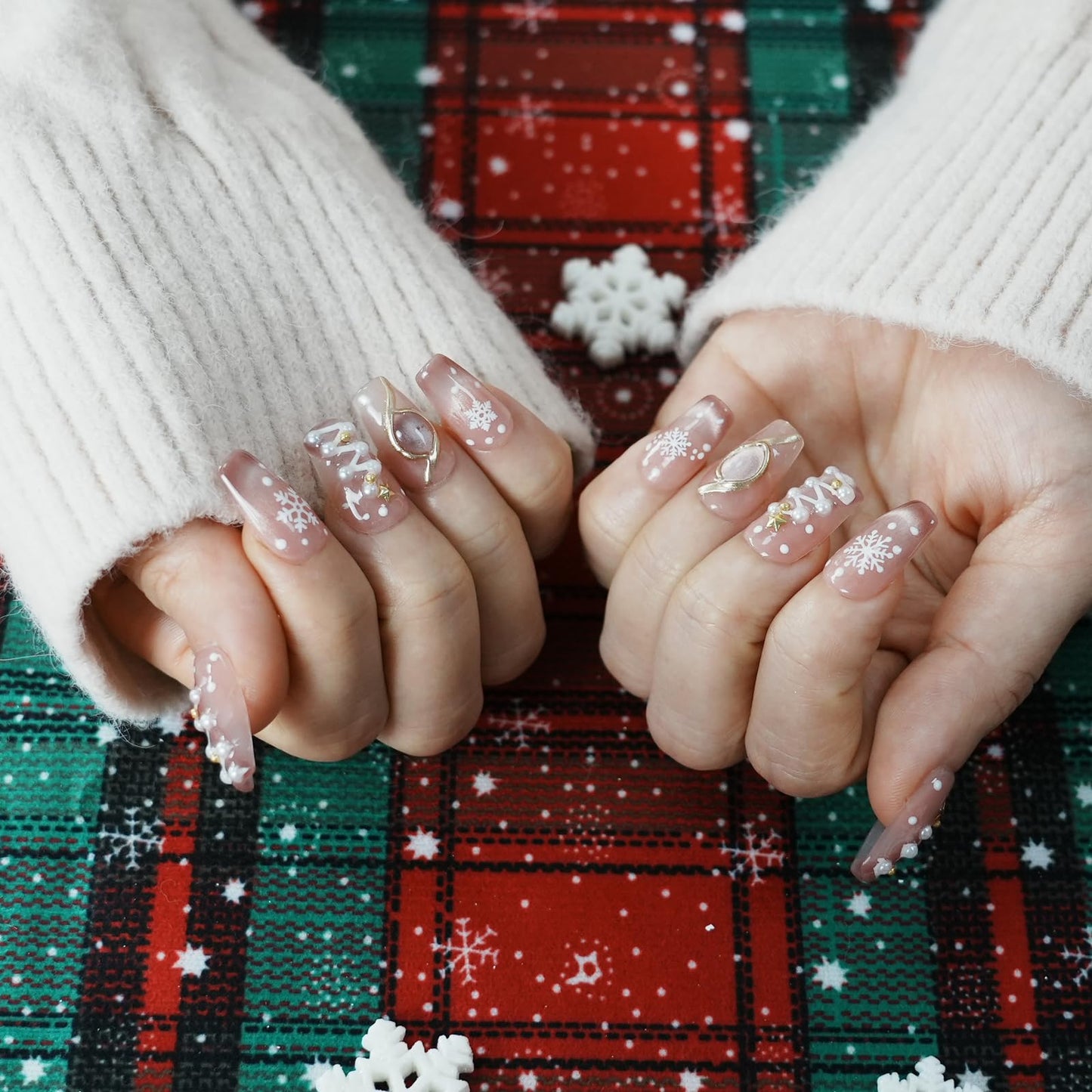 Tesytto Handmade Pink Glitter Press on Nails Short Square - 3D Star Gems & Sparkly Pearl Luxury False Nails (Holiday Opulence-B,M)