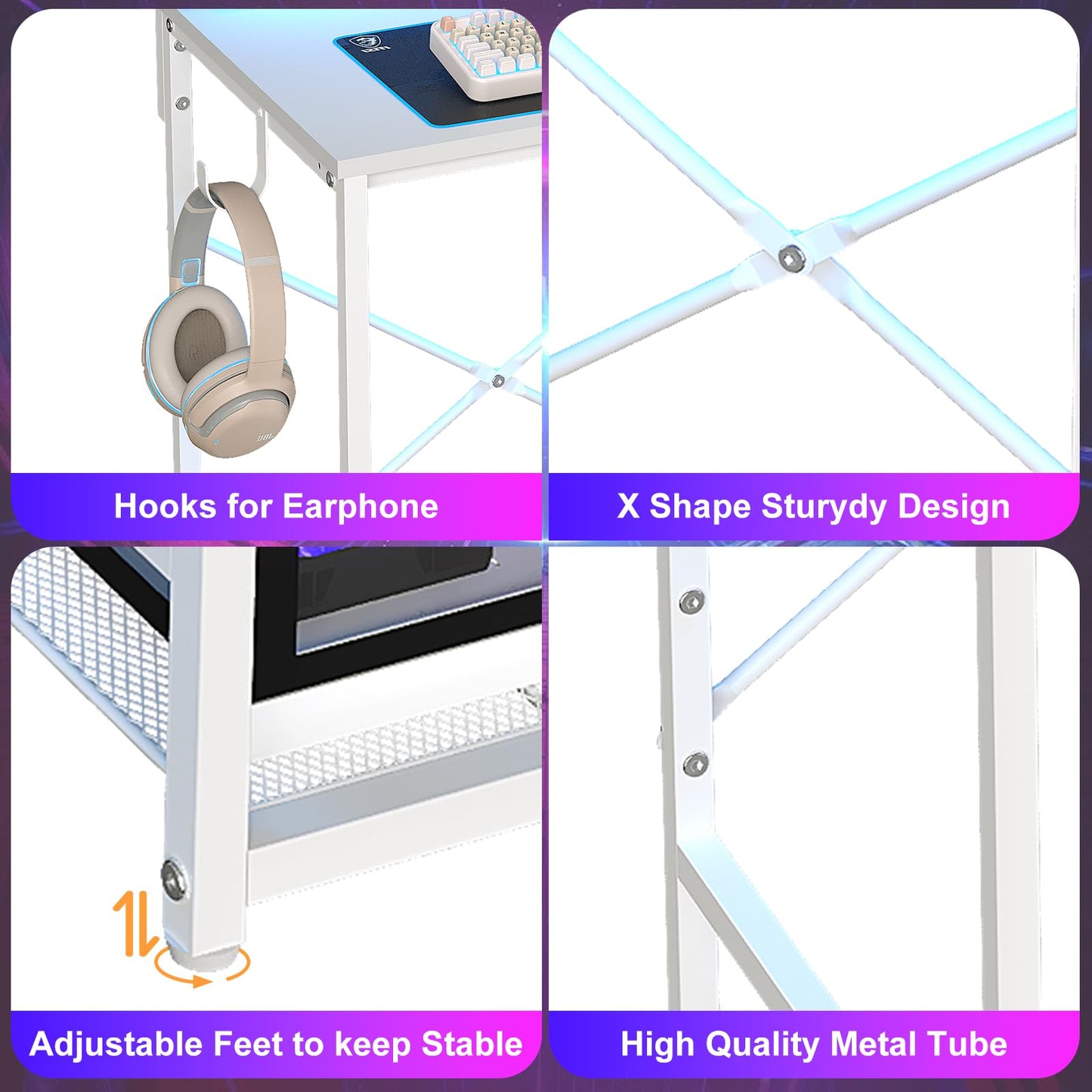 X-cosrack 33.5" Small Gaming Desk with LED Lights & Power Outlets, Compact Computer Desk with Monitor Stand & CPU Stand, Gamer Table with Storage Drawer, Side Hooks for Home Office, Bedroom, White