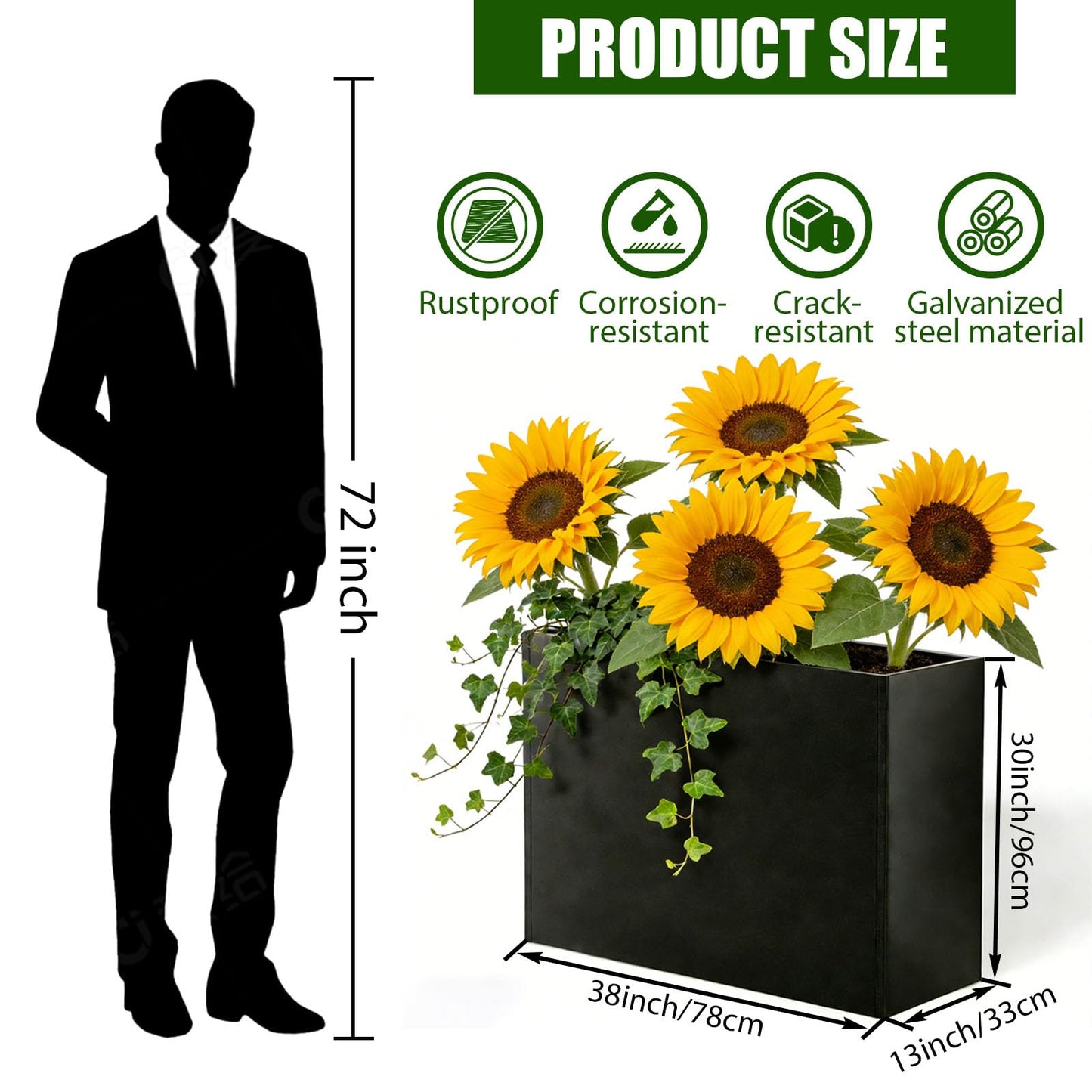Metal Rectangular Planter, Metal Planter Box, 38" L x 13" W x 30" H Large Heavy Duty Tall Black Planter Box with Drainage Holes and Adjustable Balancing Feet Ideal for Porch, Garden, Patio, Yard