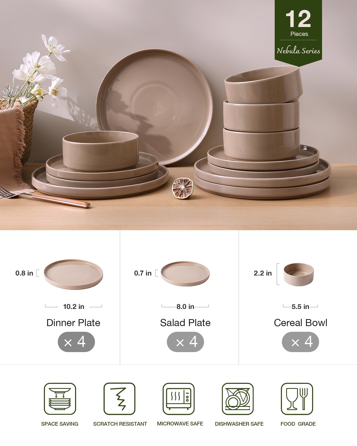 Famiware Nebula Plates and Bowls Set, 12 Pieces Dinnerware Sets, Dishes Set for 4, Cinnamon Brown
