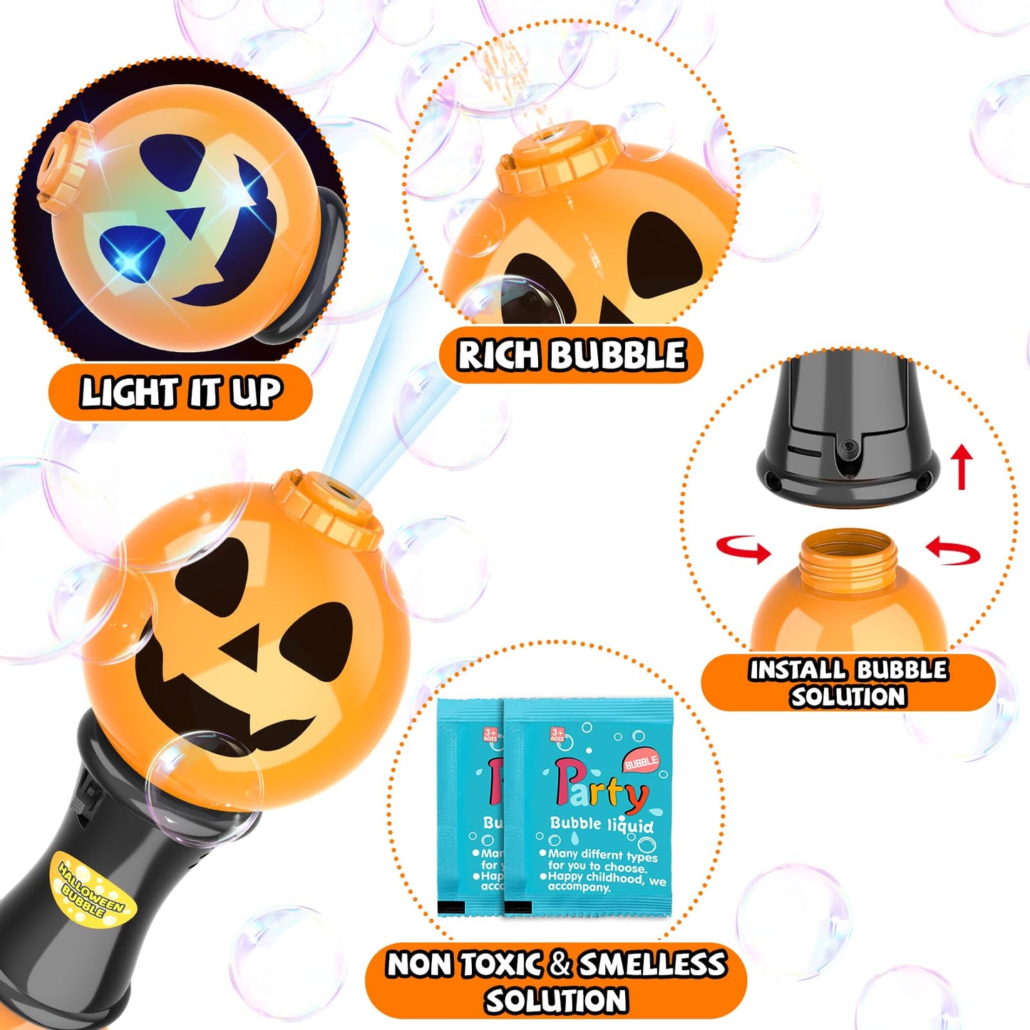 SpringFlower Halloween Toy,Bubble Blower Wand,6.7 Inch Illuminating Bubble Maker with LED Light-Up Effect for Kids,Halloween Bubble Party Favor,Pumpkin & Skull Design, 2 Pack