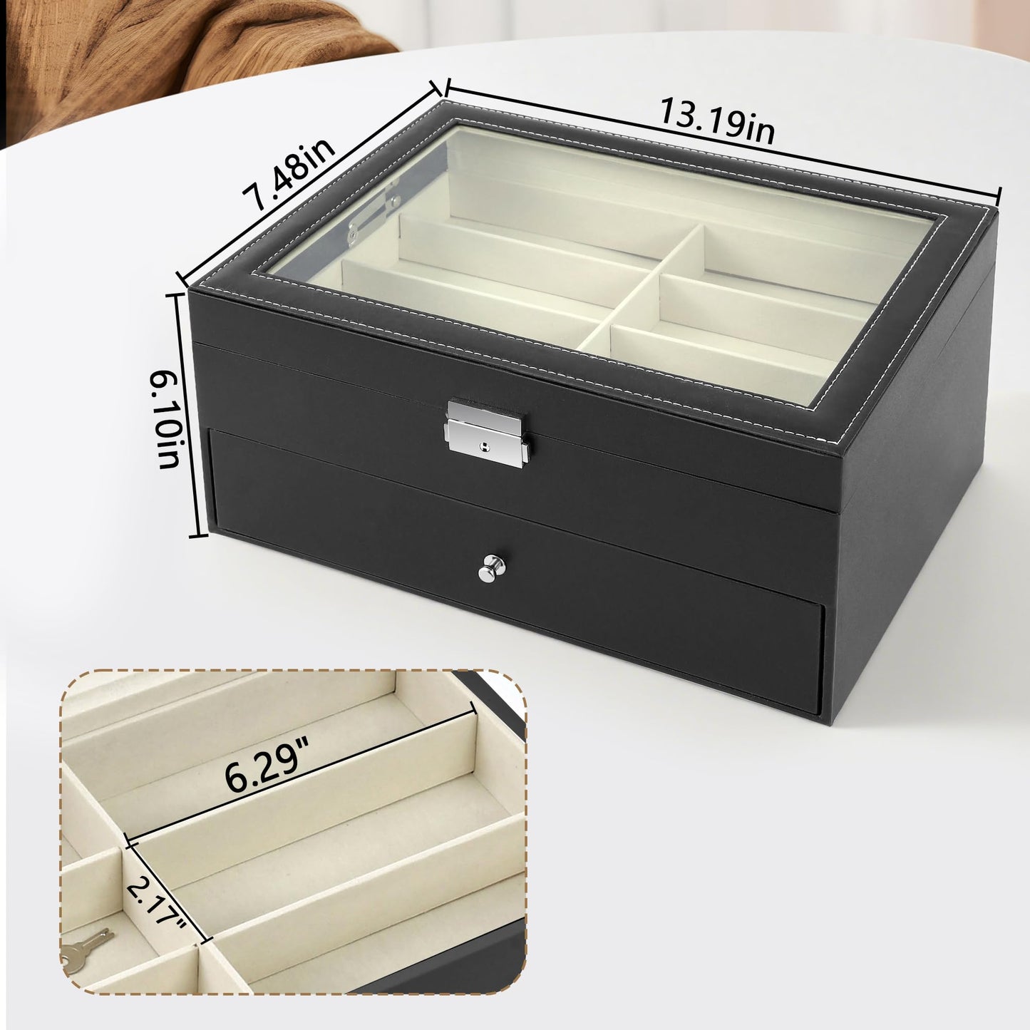 Homeanda 2-Layer Sunglasses Case - 12 Slots Hard Shell Eyeglasses Storage Box PU Leather Organizer, Protective Glasses Organizer Christmas Gift for Men and Women(Black)