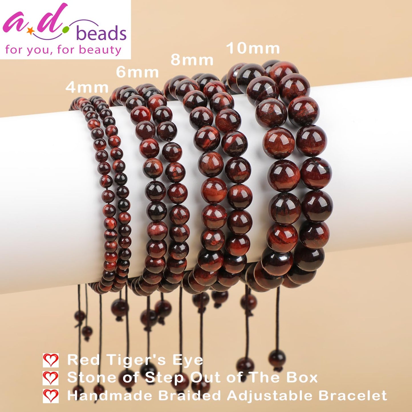 AD Beads 8mm Red Tiger's Eye - Challenge oneself - Handmade Natural Stone Crystal Bracelet with Adjustable Macrame String - Yoga Healing Power Energy Gifts for Men and Women