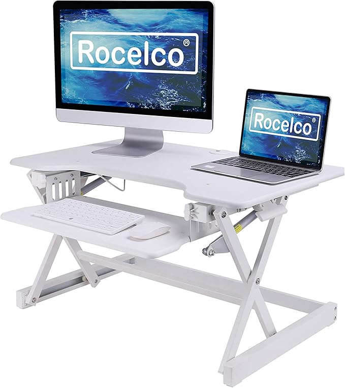 Rocelco 32" Height Adjustable Standing Desk Converter BUNDLE - Sit Stand Computer Workstation Riser with Anti Fatigue Mat - Dual Monitor Retractable Keyboard Tray Gas Spring - Black (R EADRW-MAFM)