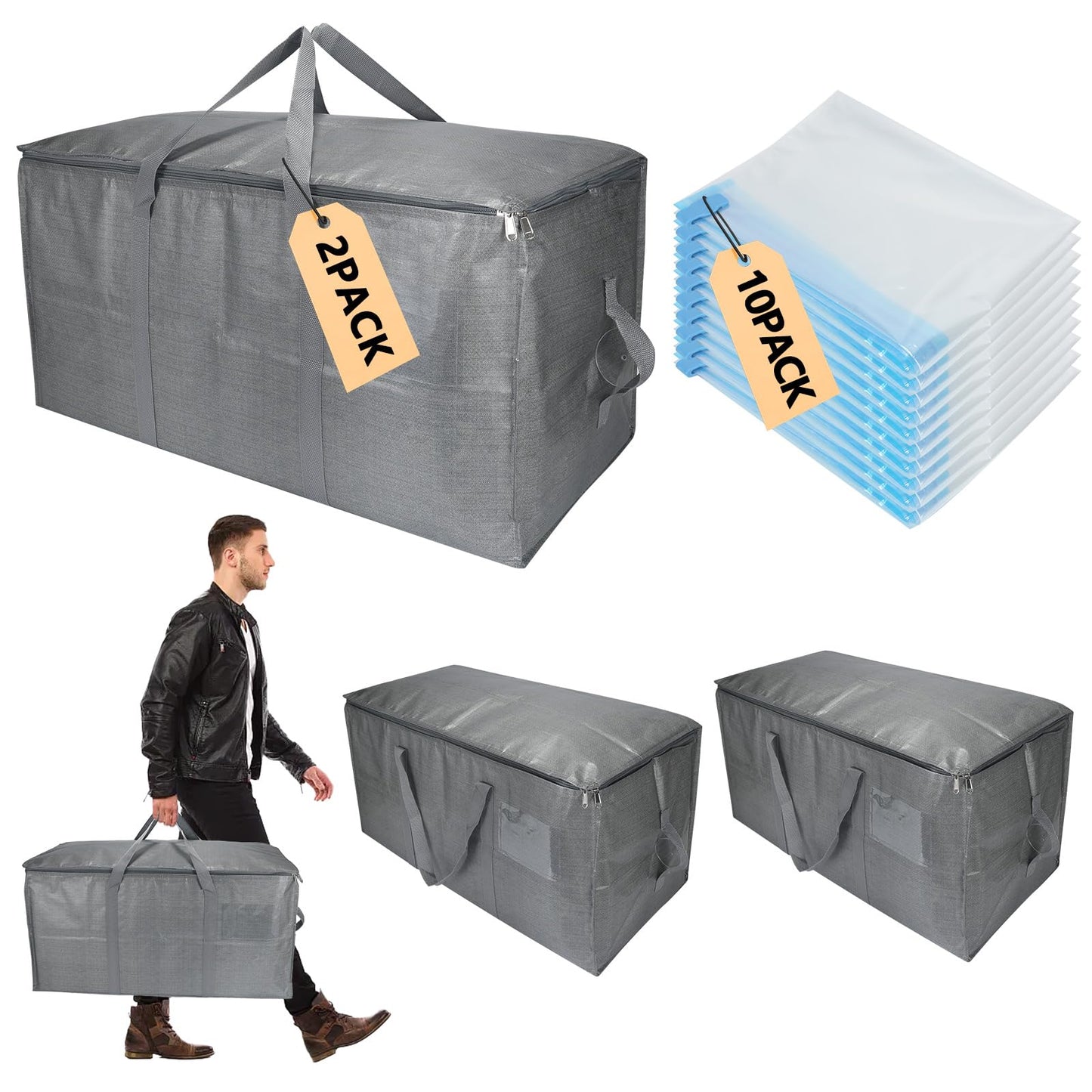 Extra Large Storage Bags Set Heavy Duty Moving Totes with Handles, Waterproof Dual-Way Carrying Design Fold Flat Storage Totes For Effortless Moving, (Gray, 12 Park-2 Moving bag & 10 Vacuum Seal Bags)