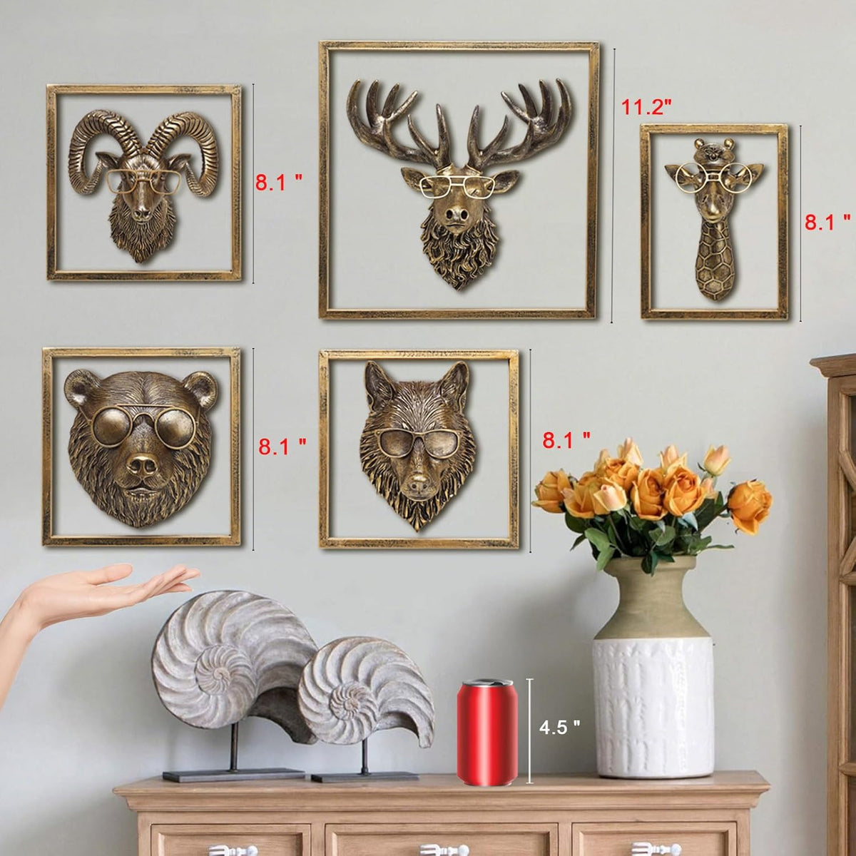 JJALIGHTS Animal Heads Wall Decor Resin Animals Sculptures Head Wall Hanging Decoration Imitation Copper vintage Wall Sculpture for Living Room Bedroom Office(5pcs,Includes Metal Frame)