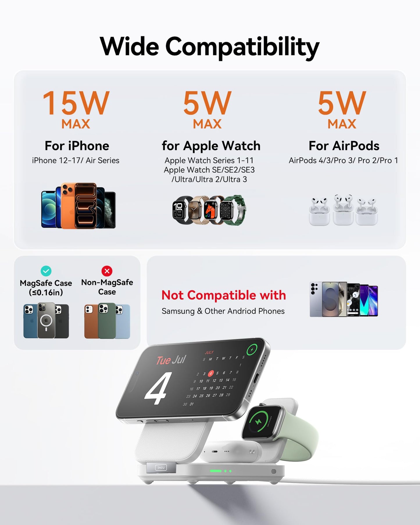 INIU Foldable Magnetic Wireless Charger, Qi2 Certified 3-in-1 Travel Charging Station with 15W Fast Charge - Compatible with Mag-Safe for iPhone 17/16/15 Series, Apple Watch, AirPods (White)