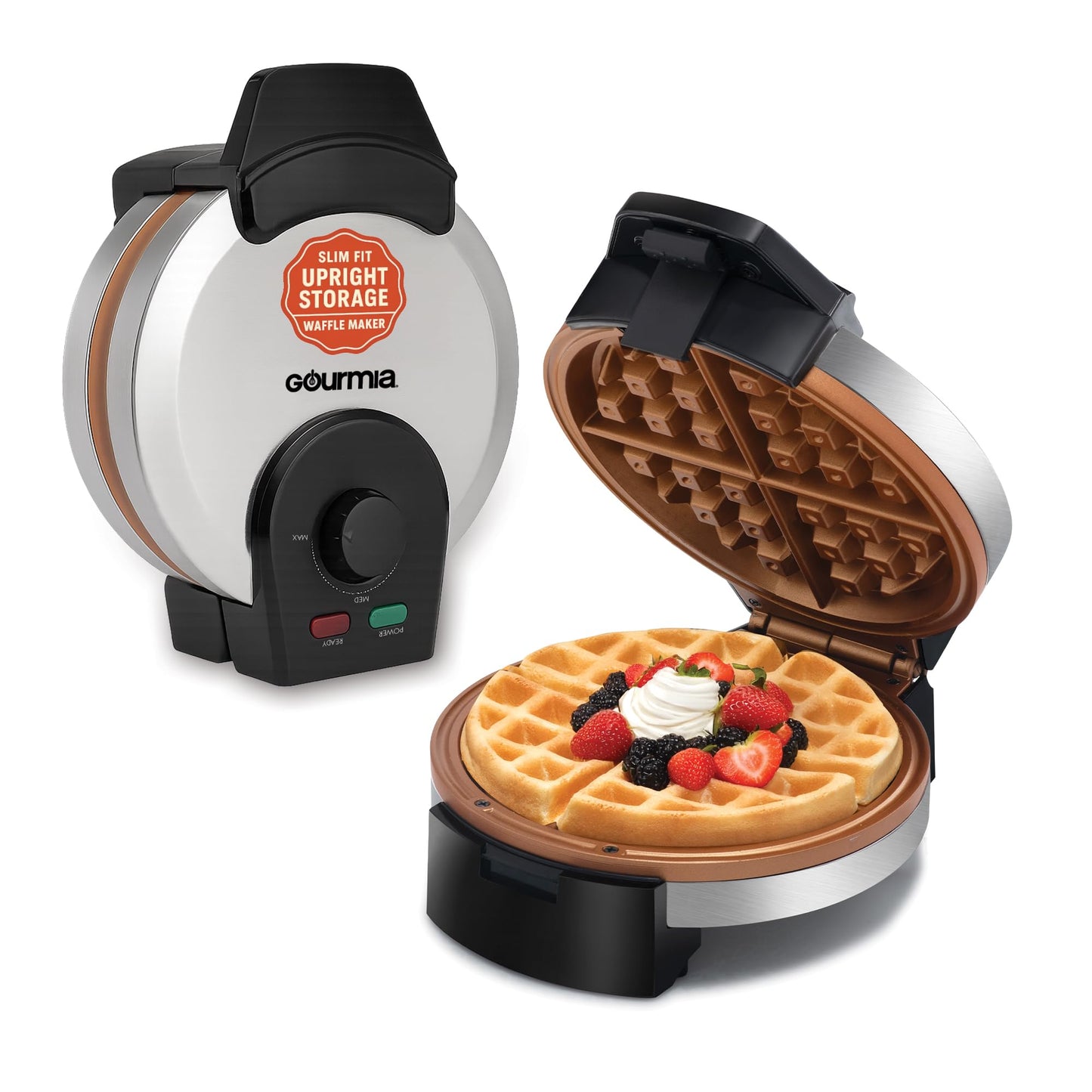 Gourmia Belgian Waffle Maker – Compact Design with Upright Storage, Adjustable Browning, and Easy-Clean Nonstick Ceramic Plates, Stainless Steel