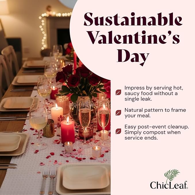Chic Leaf Square Bamboo Palm Leaf Disposable Plates - 8" Pack of 100 - Biodegradable & Compostable Dinnerware - Disposable Party & Appetizer Plates - Sustainable Dessert Trays Romantic Date Essentials