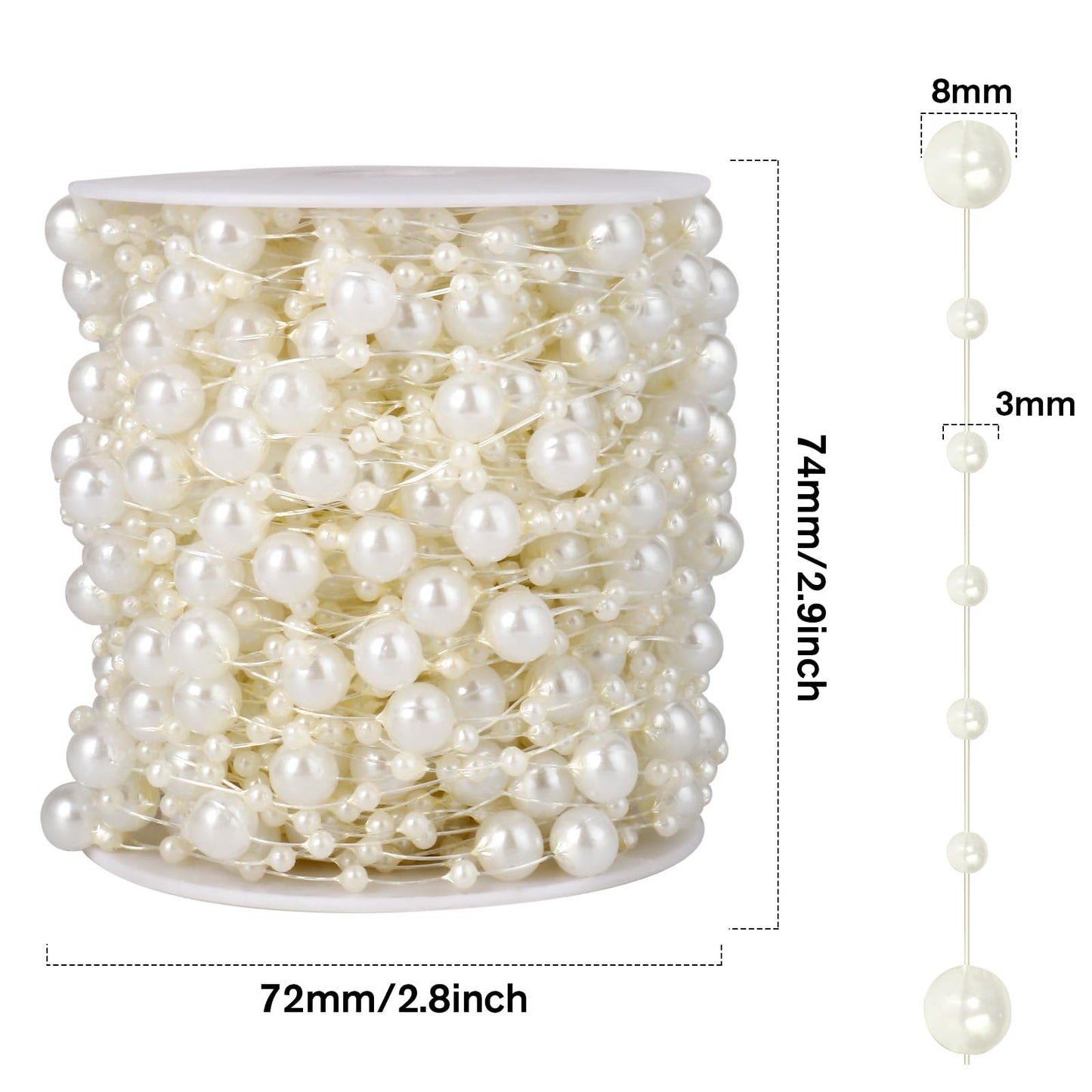 98FT Pearl Beads String Garland, 8mm 3mm Ivory Faux Pearl Beads Roll Strand Bulk for Wedding Party Flower Christmas Decoration DIY Craft