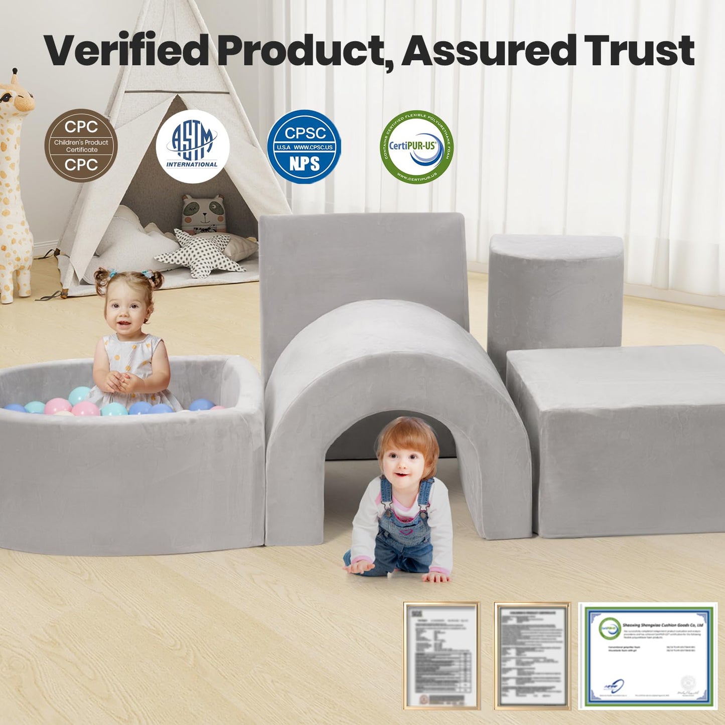 Rinnebbit Foam Climbing Blocks for Toddlers, 5-Piece Tunnel Climber and Crawl Playset, Indoor Activity Play with Ball Pit, Machine Washable Velvet Cover, Soft Climbing Toy for Kids 1-3 (Gray)
