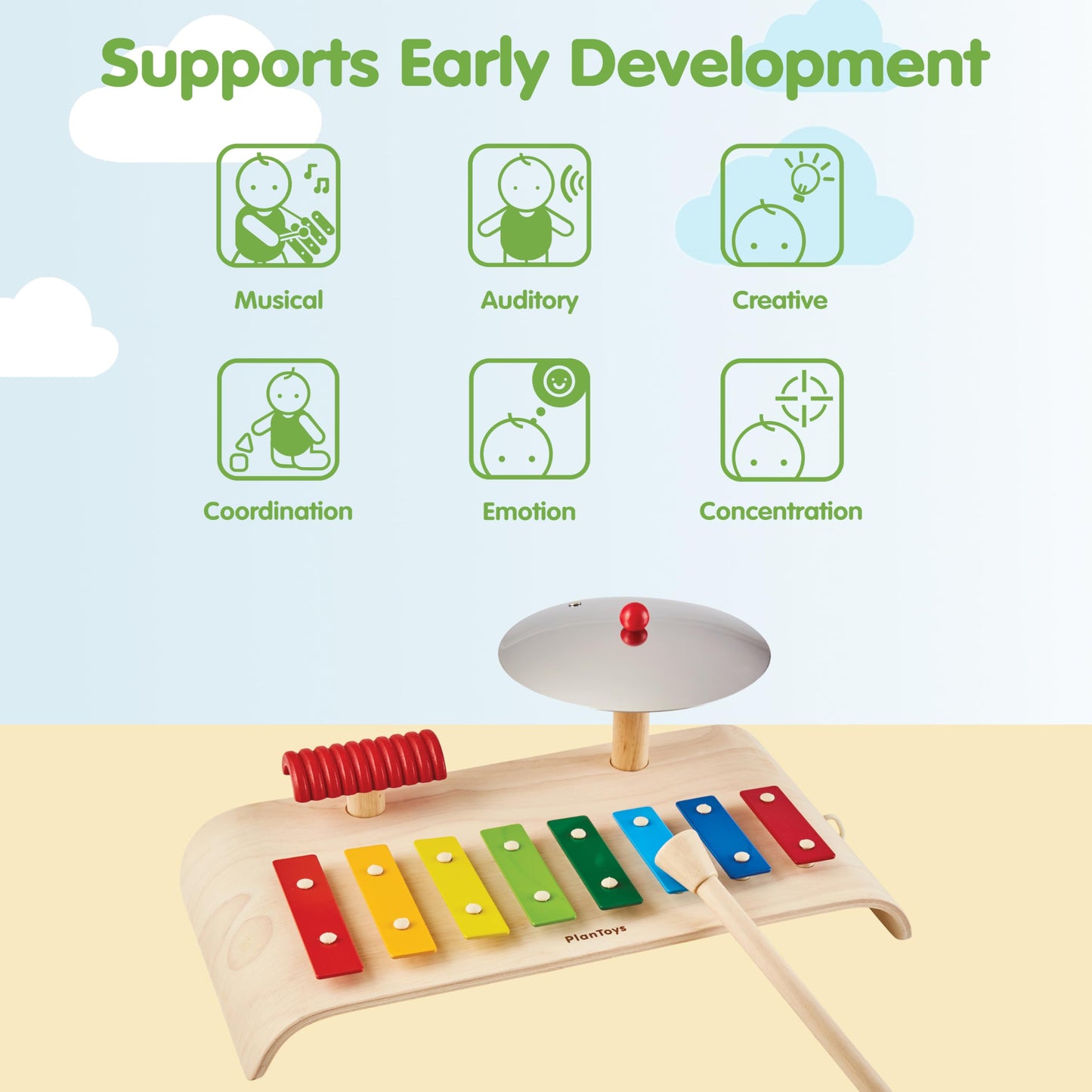 PlanToys® Musical Set Wooden Montessori Drum, Cymbal and Xylophone Toy | Early Sensory Exploration, Coordination and Creative Expression | Eco Friendly Music Set