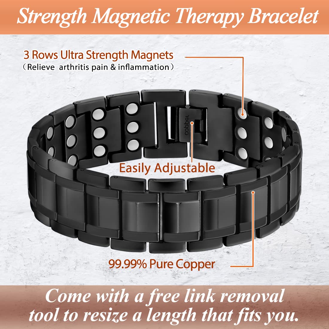 Cigmag 3X Copper Bracelet for Men Triple Ultra Strength Magnets Pure Copper Magnetic Bracelet & Ring Set with Adjustable Sizing Tool