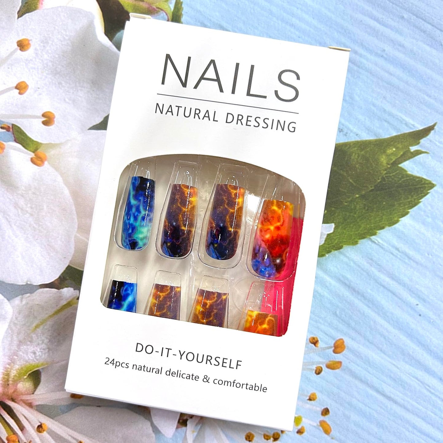 Press On Medium Square Aurora Red and Blue Lightning Design Nails - Full Cover Artificial Acrylic Coffin Nails - Reusable Glue On DIY Stick On for Women - 24Pcs
