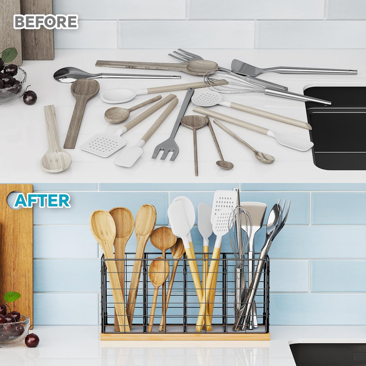 NiHome Metal Kitchen Utensil Holder with Diatomaceous Earth Base, Fast Drying & Odor Control, Large 4-Compartment Utensil Caddy for Spatulas, Tongs, Whisks, Rustproof Organizer with No Scratch Bottom