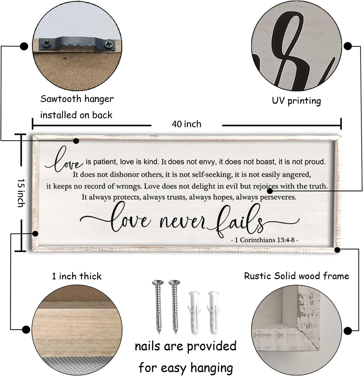 flowtorely Love is Patient, Kind Wall Art Decor 40"X15" Love Never Fails Sign 1 Corinthians 13 Bedroom Above Bed Large Bible Verse Quote Scripture Christianity Hanging Sign (White)