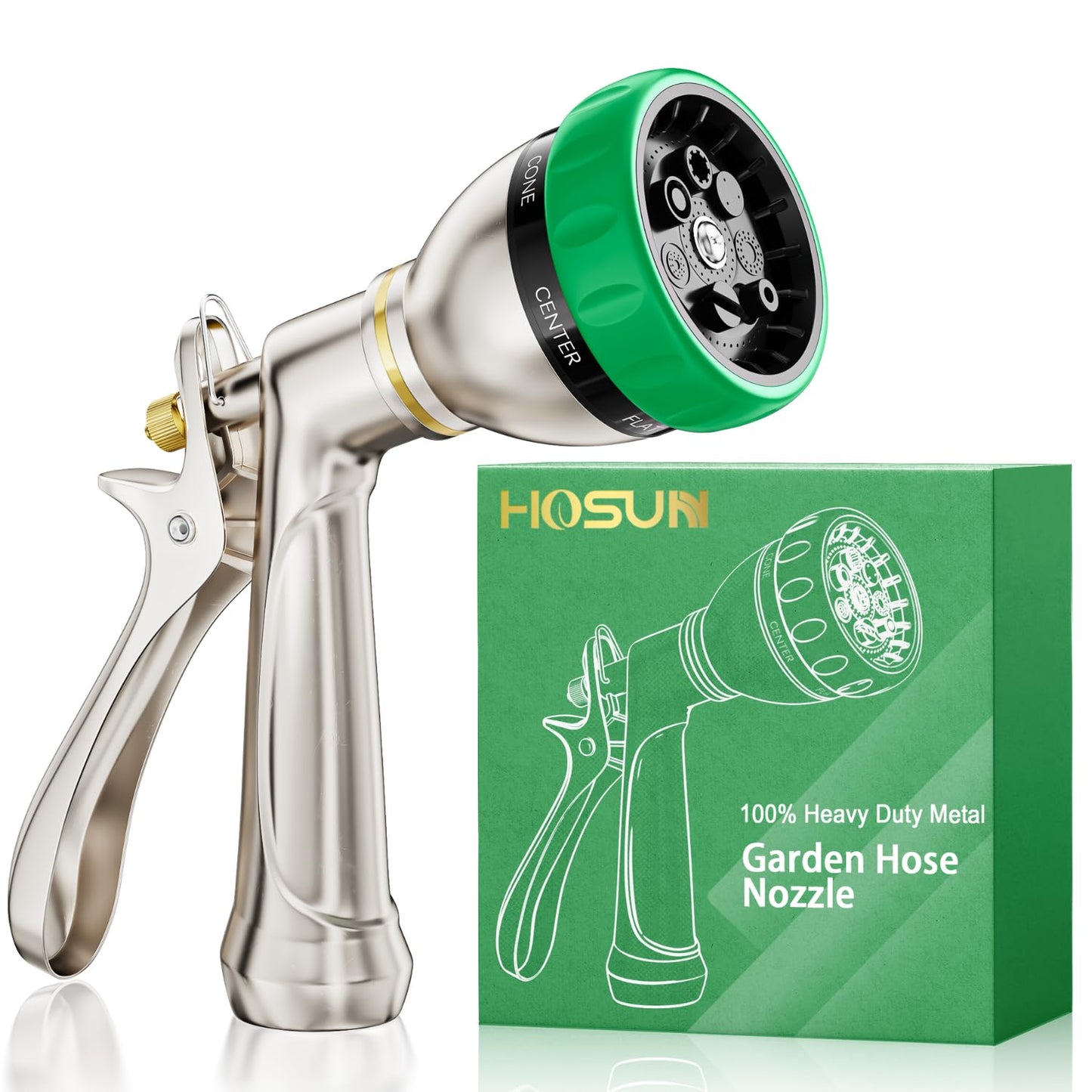 HOSUN 100% Metal Heavy Duty Garden Hose Nozzle Sprayer | 7 Spray Patterns, Lockable Rear Trigger, High Pressure for Plant Watering, Lawn Care, Car Washing & Pet Bathing