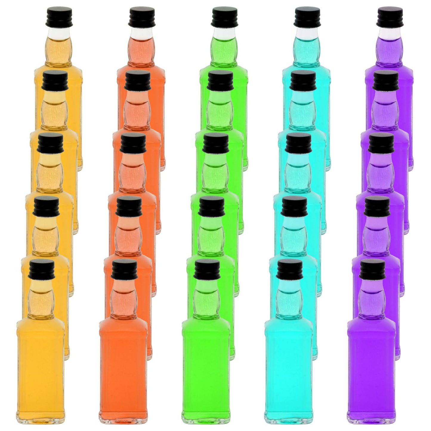 eispap 25 Pcs Square Mini Glass Liquor Bottles with Lids Small Glass Wine Bottles Reusable Empty Alcohol with Aluminum Black Screw Cap (25 Pcs 1.7 OZ Glass Bottles)