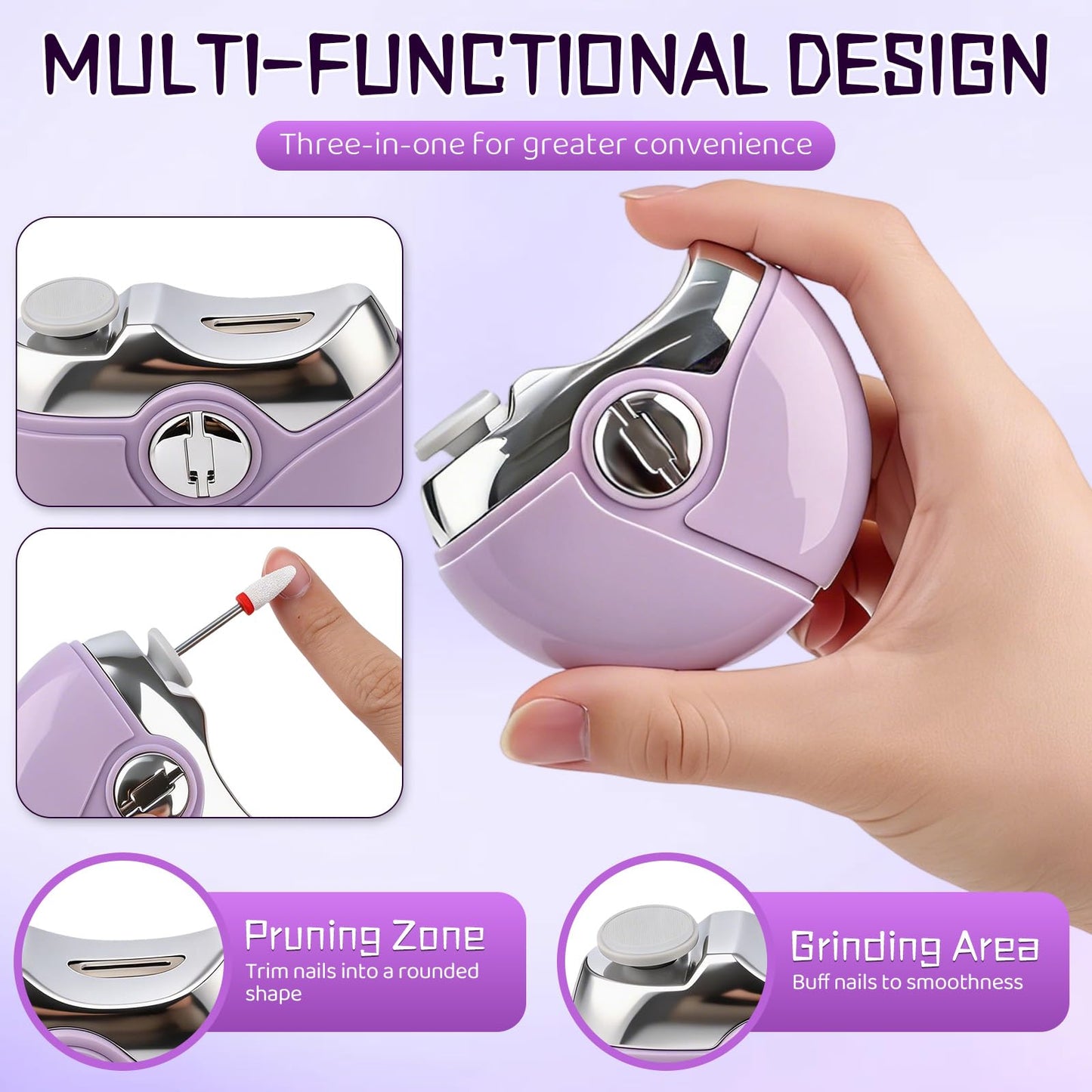 Upgraded Electric Nail Clipper, 3-in-1 Automatic Nail Trimmer & Polisher with 2 Speed Settings, for Seniors and Adults, Multi-Functional Nail Care Tool (Purple)
