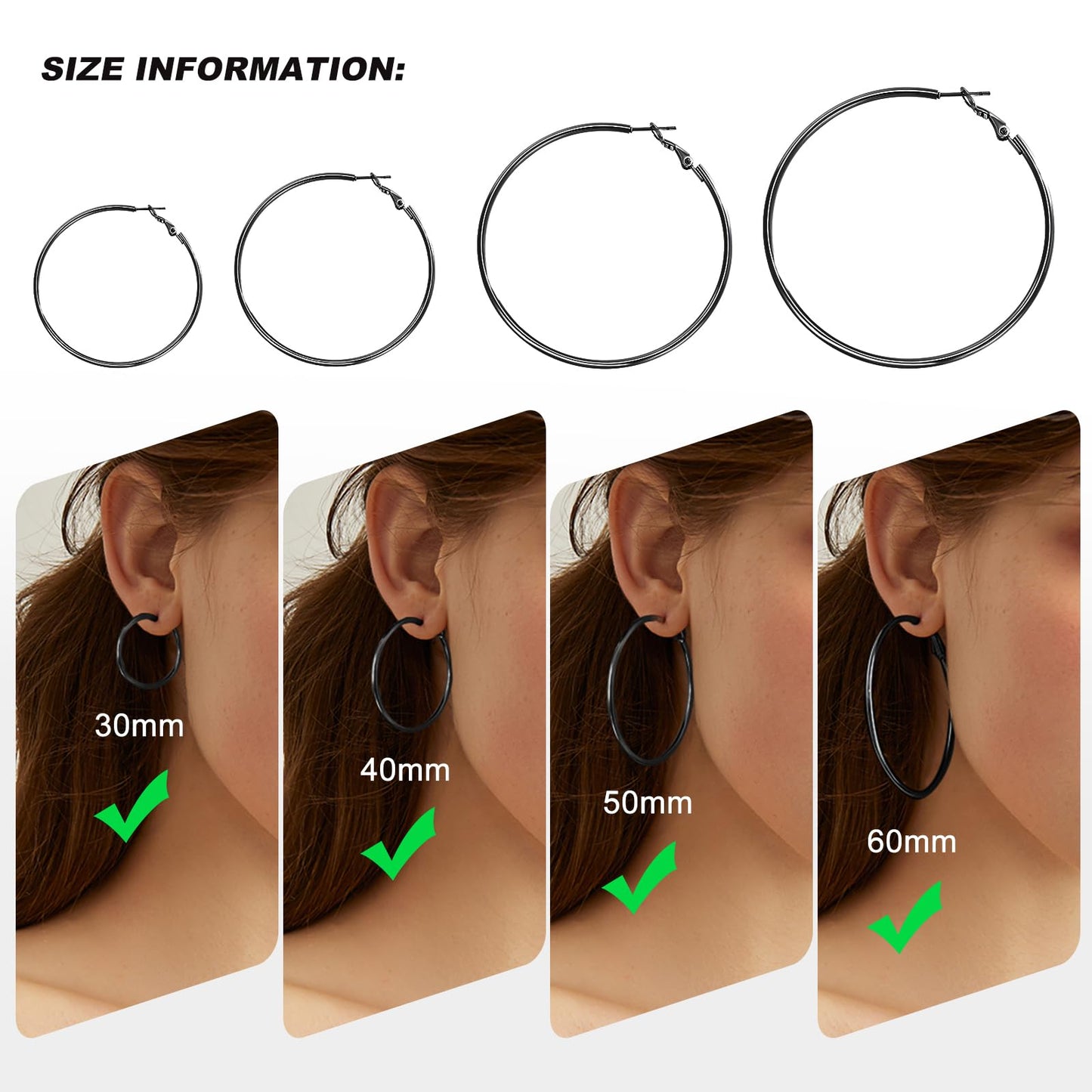 PICKBEAU Black Large Hoop Earrings for Women | 14K Plated Hypoallergenic Big Round Circle Hoops Stainless Steel Womens Loop Dangle Earrings Set (30/40/50/60mm)