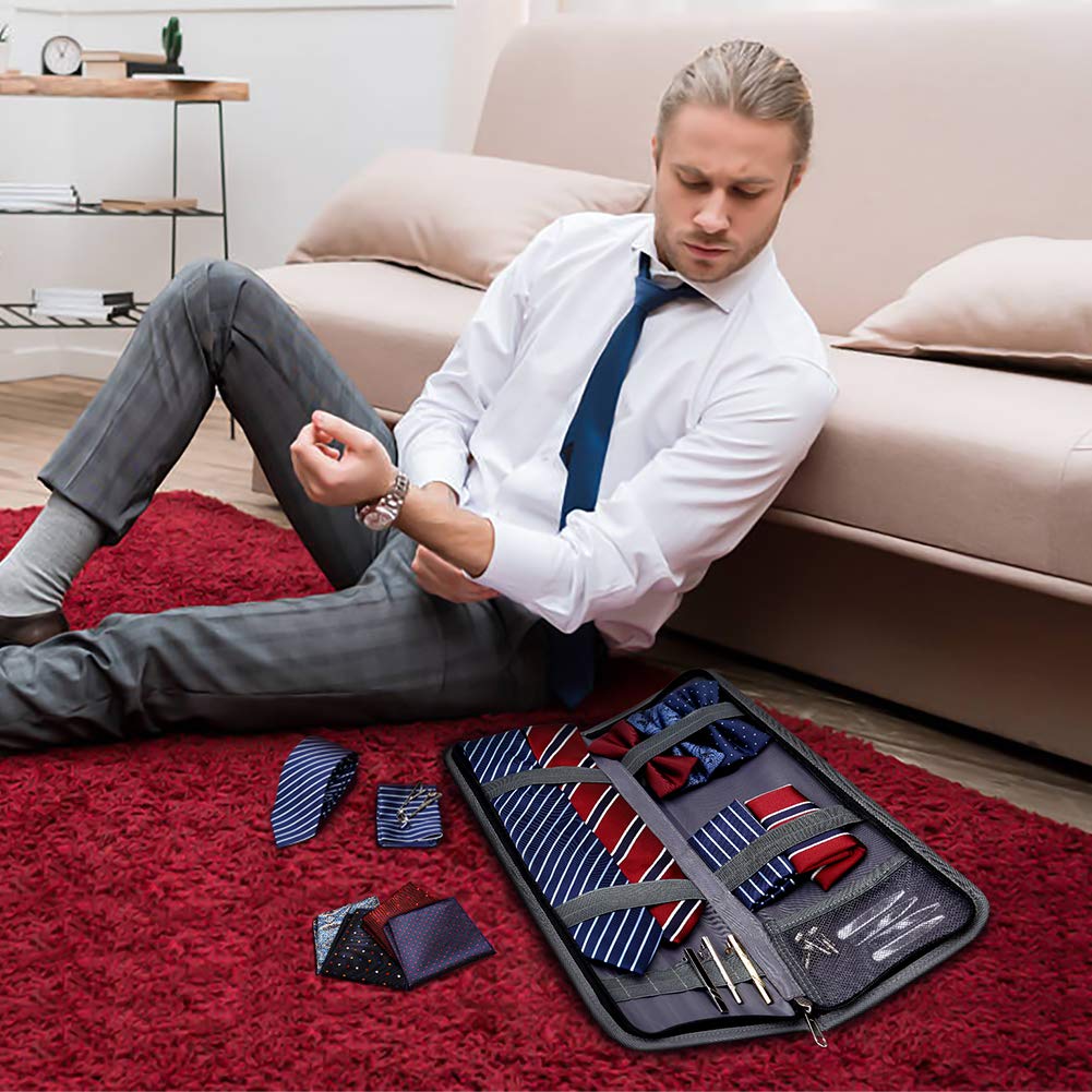 Modoker Tie Organizer Case Bag for Travel, Tie Holder Storage Box for Men Gift Necktie Carrier with Pockets for Cufflinks & Collar Stays, Rigid Anti-Wrinkle Ties Bag Fits 4–6 Ties, Grey
