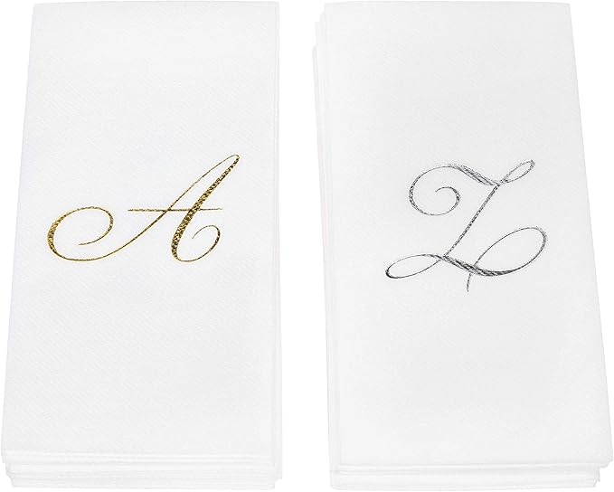AMERICAN HOMESTEAD Disposable Hand Towels - Silver Foil Monogrammed Guest Napkins - Linen-Like Bathroom Paper Towels for Guests - Perfect Wedding and Party Napkins - 50 Count (Silver M)