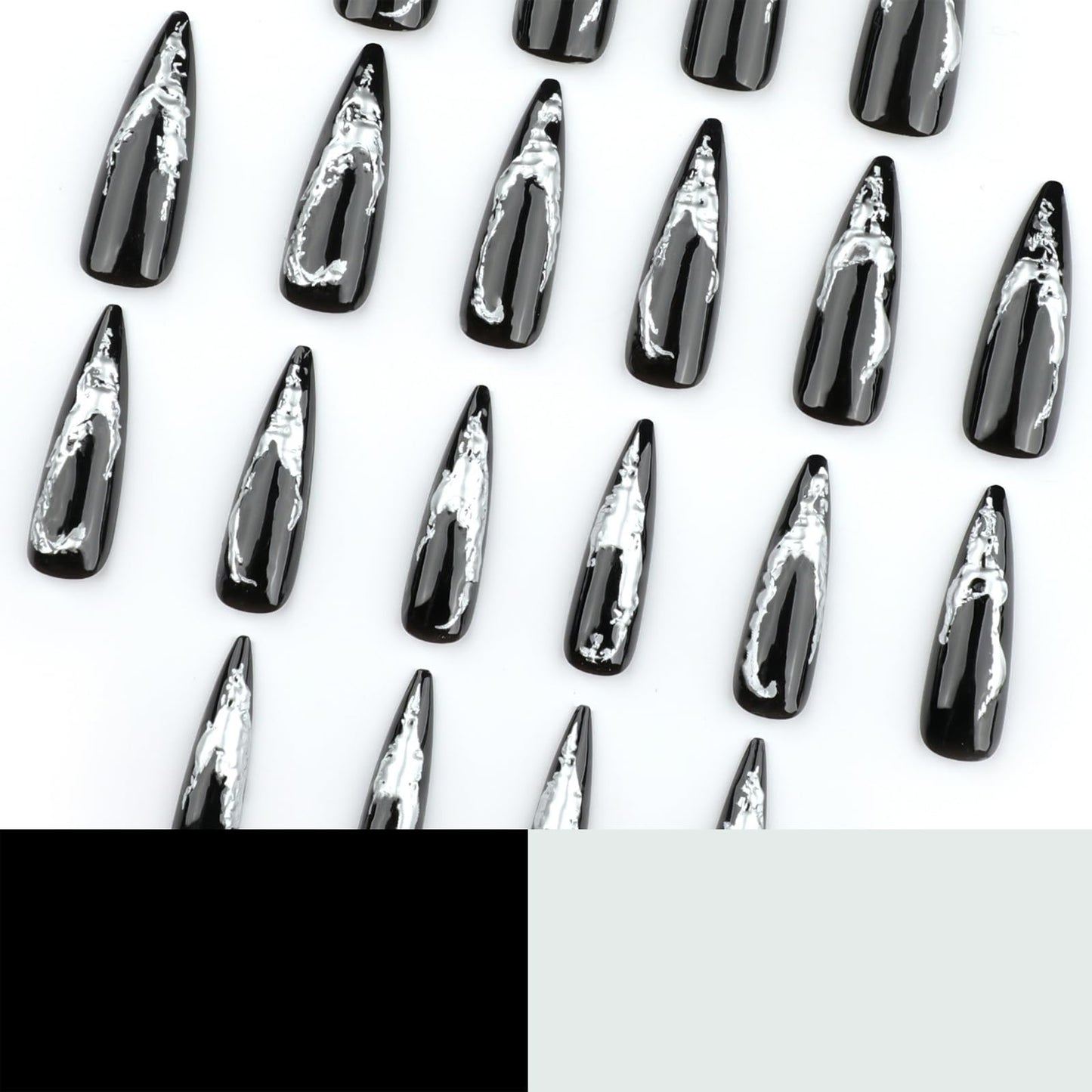 IMSOHOT Press on Nails – 3D Silver Edge, Long Stiletto Fake Nails Black Ombre Glossy Full Cover Reusable Acrylic Glue on Nails Y2K Goth Gel False Nails
