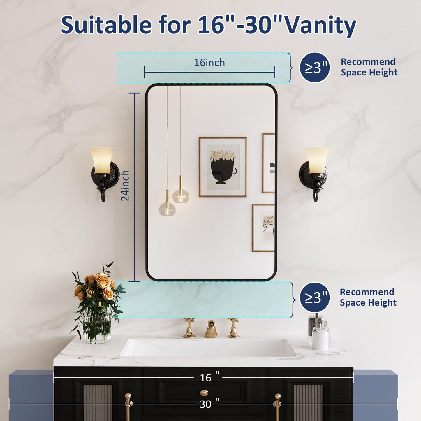 Yunnshee Yursa Medicine Cabinet Mirror 16x24 Inch, Black Bathroom Mirror Cabinet with Stepless Adjustable Shelves, Rounded Rectangle Metal Framed, Bathroom Mirror with Storage Recessed or Wall Mount